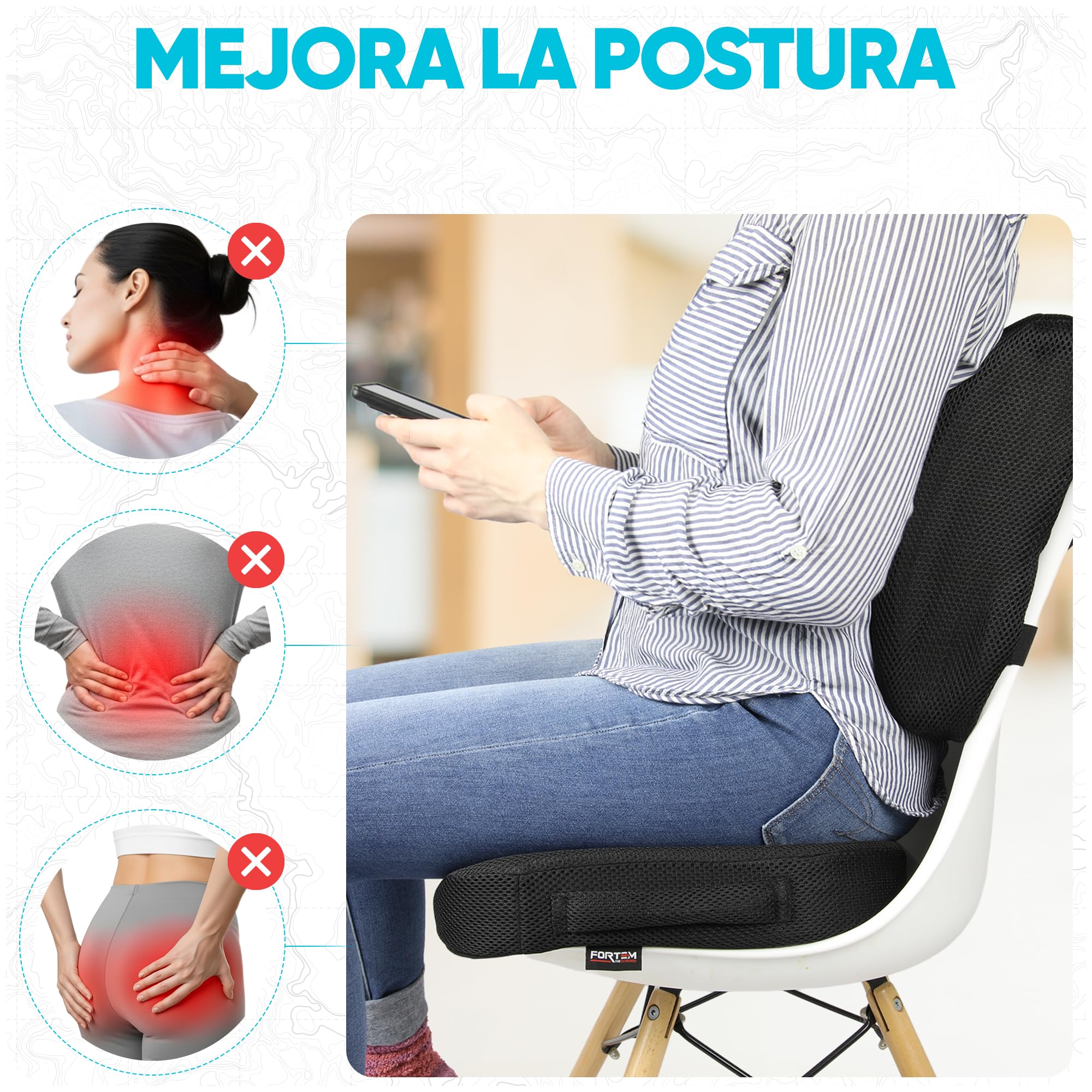 FORTEM Pack Cojín Silla Oficina y Almohada Lumbar - Cojín para Silla Ordenador en Forma De U y Almohada Lumbar con Espuma Viscoelástica para Asiento Coche, Gaming, Trabajo - Fundas Lavables
