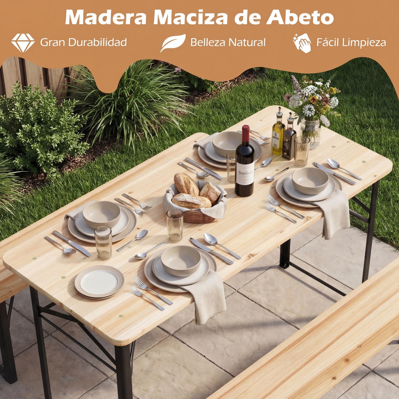 COSTWAY Conjunto de Mesa y 2 Bancos de Exterior, Mesa de Comedor y Bancos Plegables de Madera de Abeto con Estructura Metálica, sin Montaje, Ideal para Acampadas, Picnics, Natural