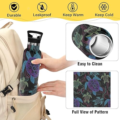 Miniatura 4 de Botella de agua para niños para la escuela, a prueba de fugas, botella de agua aislada de 20 onzas, sin BPA, tortugas marinas neón