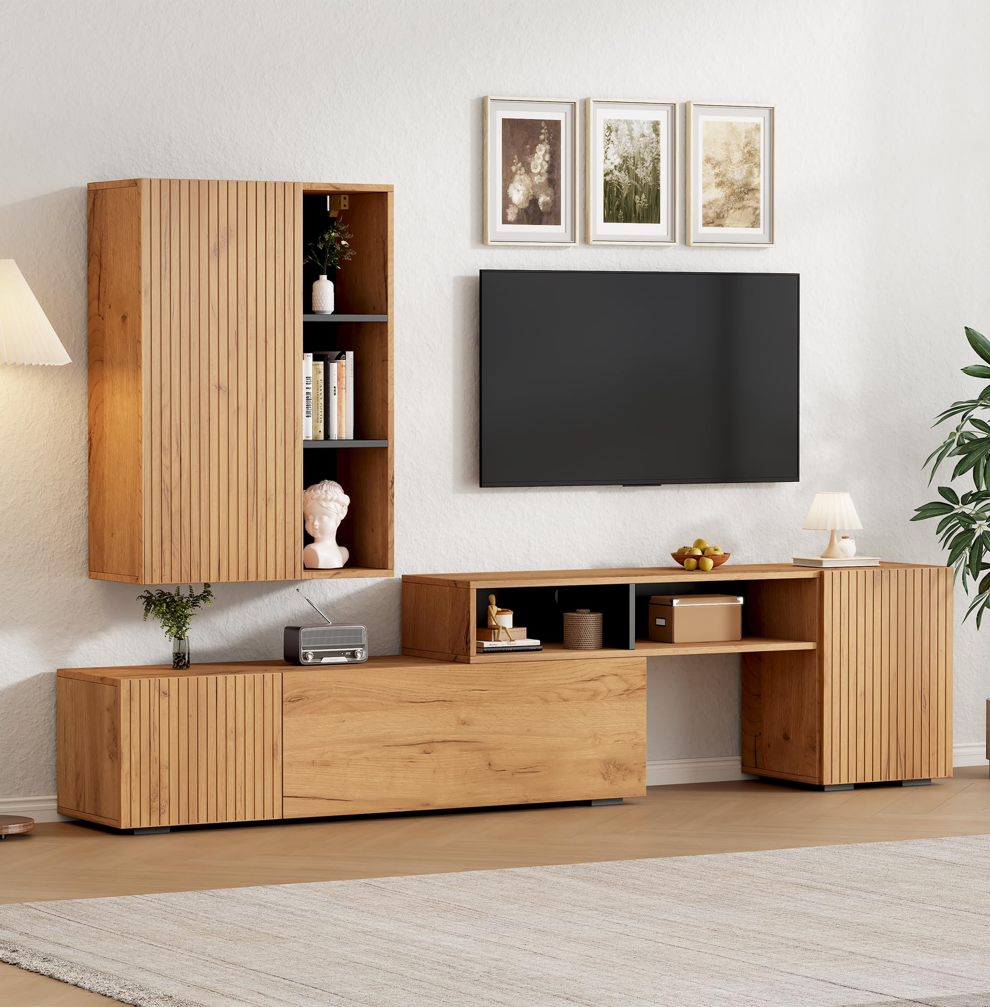 Mueble para salón, mueble de TV, juego de muebles de salón (juego completo, 2 unidades), mueble de TV con vitrina, estantería de pie, longitud flexible, hasta 265 cm, TV de hasta 120