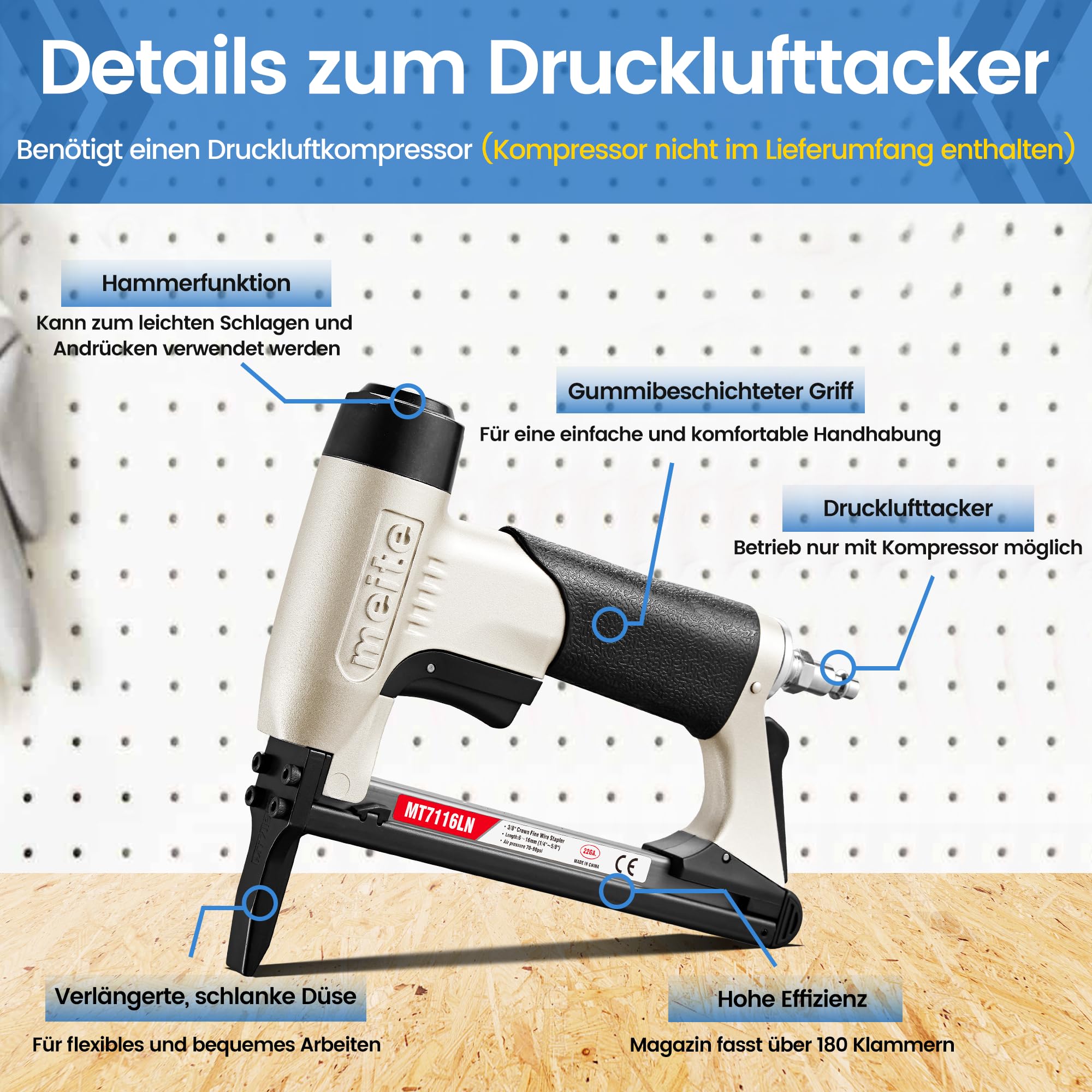 meite MT7116LN Drucklufttacker Typ 71 mit Langnase, Druckluftnagler für 6–16 mm 22Ga Klammern, Industrieller Feiner Langnasen-Drucklufttacker für Polster und Holzarbeiten