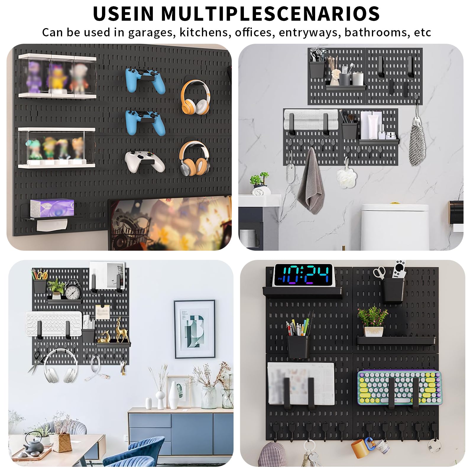 Pegboard Stecktafel Set mit 18 Zubehör, Wand Organizer Schwarz | 4 Stecktafeln 30x30 cm, flexibel kombinierbar, für Büro, Gaming Setup und Schreibtisch Organisation