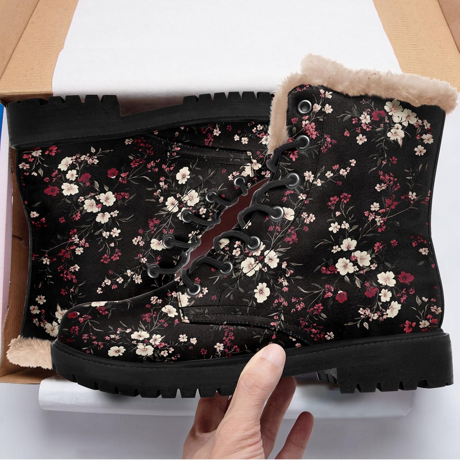 Retro Floral Winter Boots for Women, Soft Fleece Lining Vintage Flower Print Lace-Up Combat Boots Platform Booties