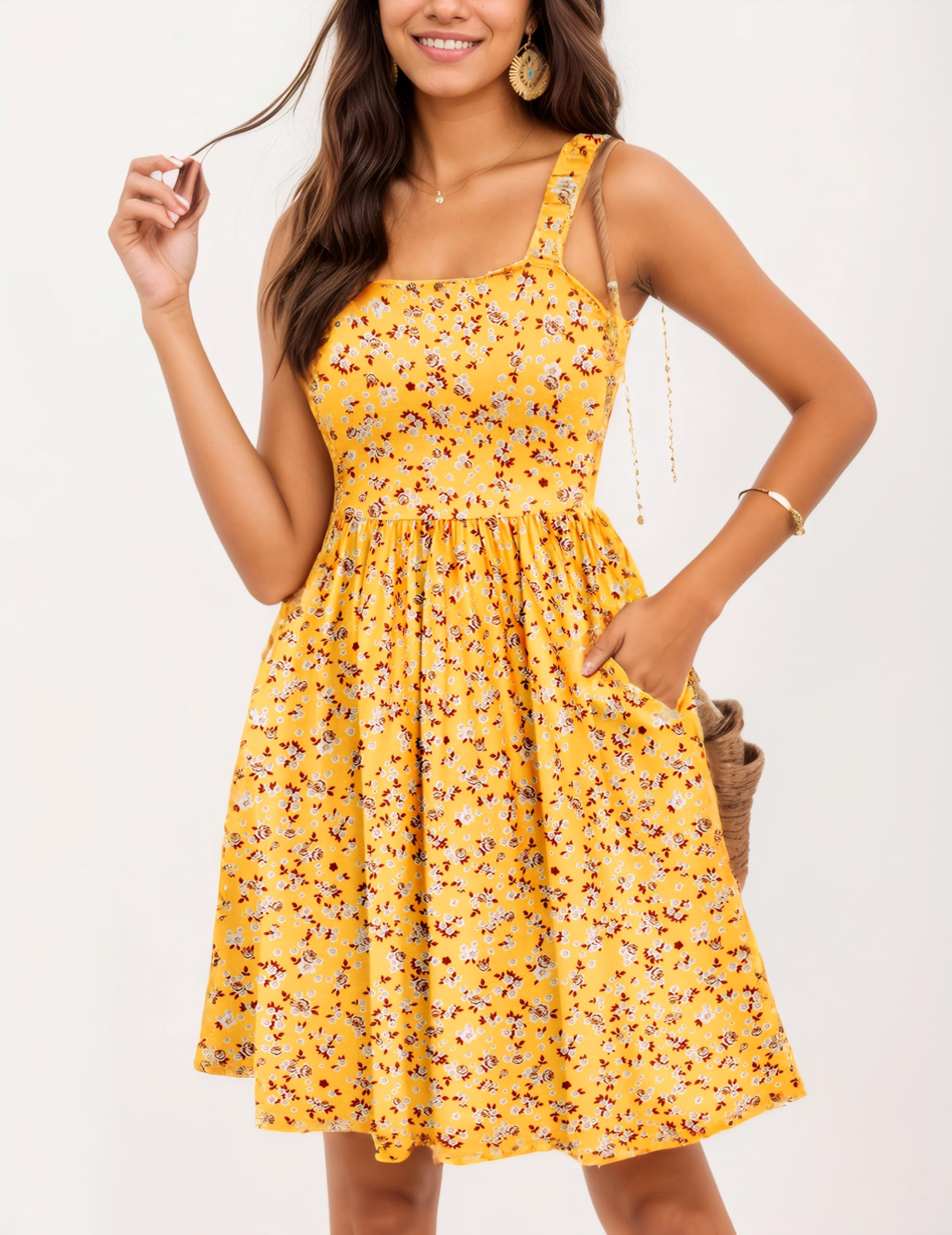 Oyamiki Vestidos de verano para mujer, hasta la rodilla, sin mangas, flores, cintura alta, líneas A, con escote cuadrado, vestido informal, vestido de playa, vestido floral midi