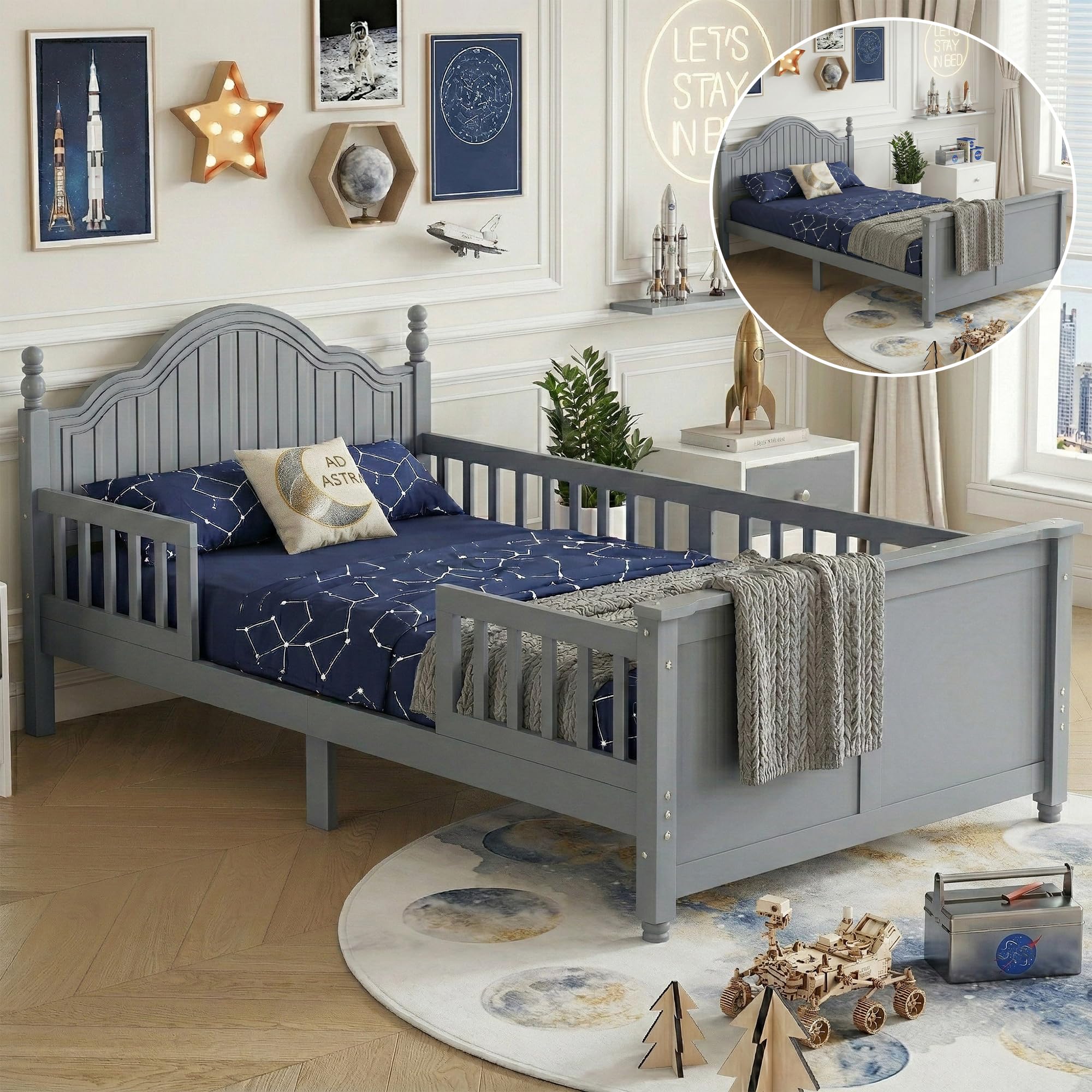 Twin Bed Frame for Kids with Rails & Headboard, Wooden Low Kids Platform Bed Frames with Detachable Guardrails, Gray