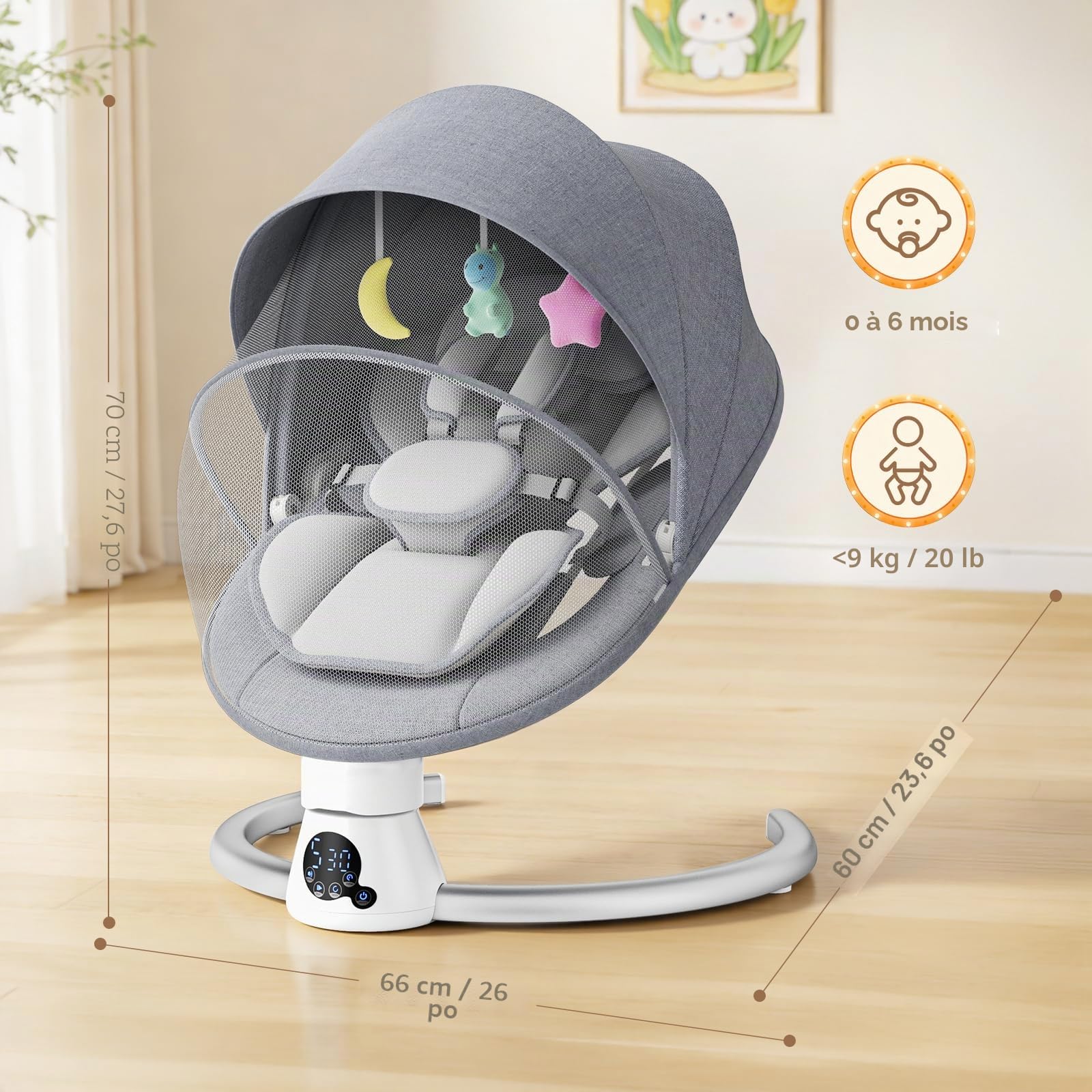 Transat Bébé Électrique avec Dossier Réglable sur 2 Niveaux – Application et Télécommande Balançoire Électrique pour Bébé, 12 Musiques et Prise en Charge Bluetooth, 2 Options D'alimentation (Gris)