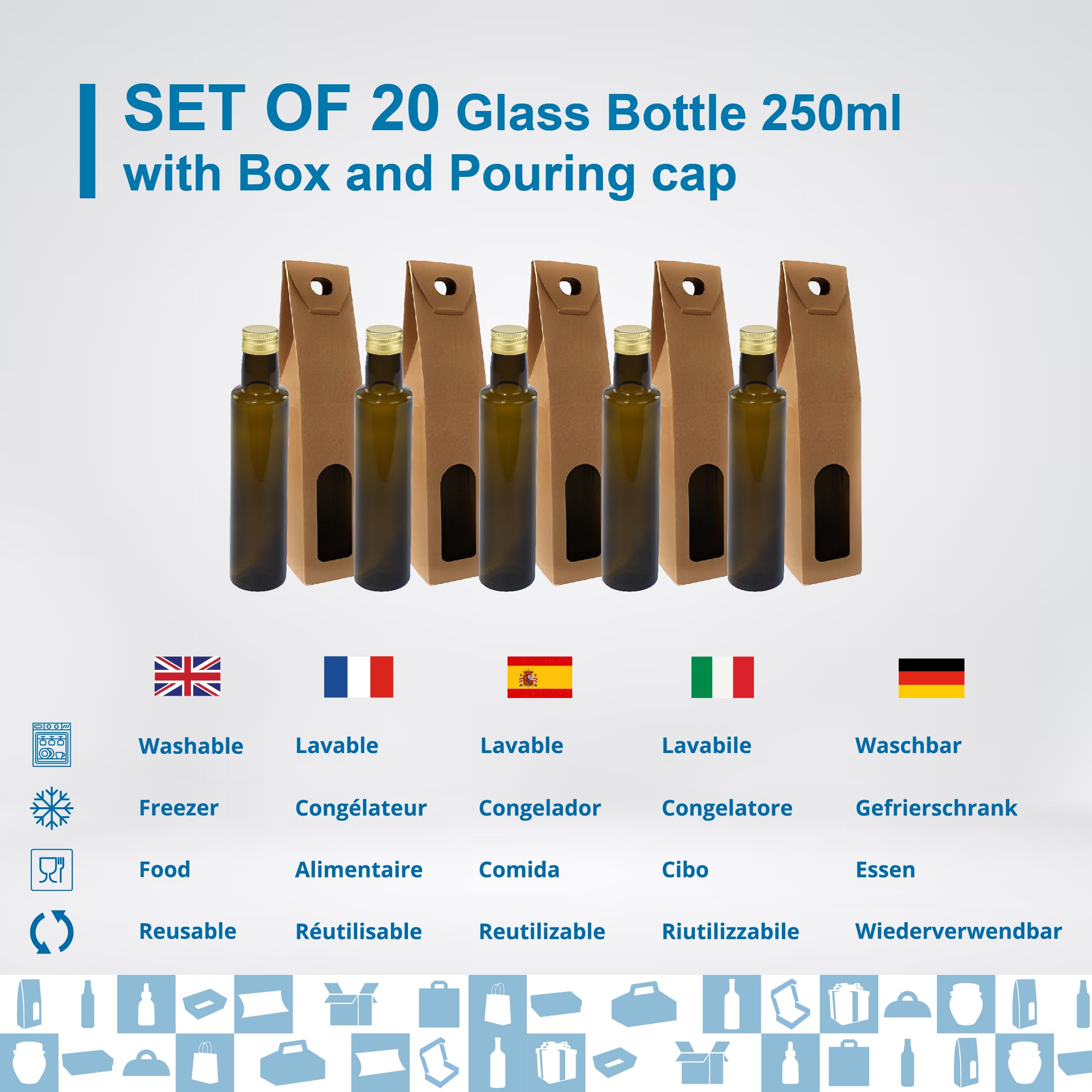 Espirito Rebelde 20 Flaschen aus dunklem Glas, 250 ml, mit goldfarbenem Schraubverschluss mit Ausgießer + 20 Dosen | Olivenöl, Essig, Alkohol, Saucen | Ölflasche
