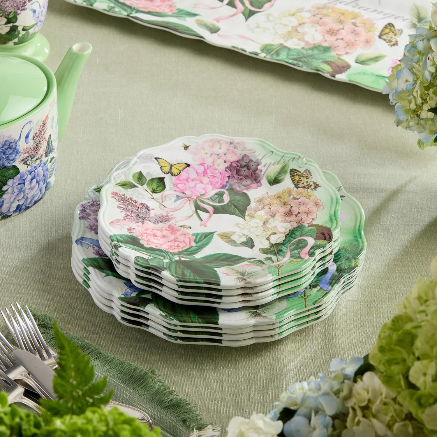 Garden Path Melamine Salad Plates Set of 4, 9-Inch - Durable and Lightweight with Pink, Purple, and White Hydrangea Design, Ideal for Outdoor and Indoor Dining. BPA free.