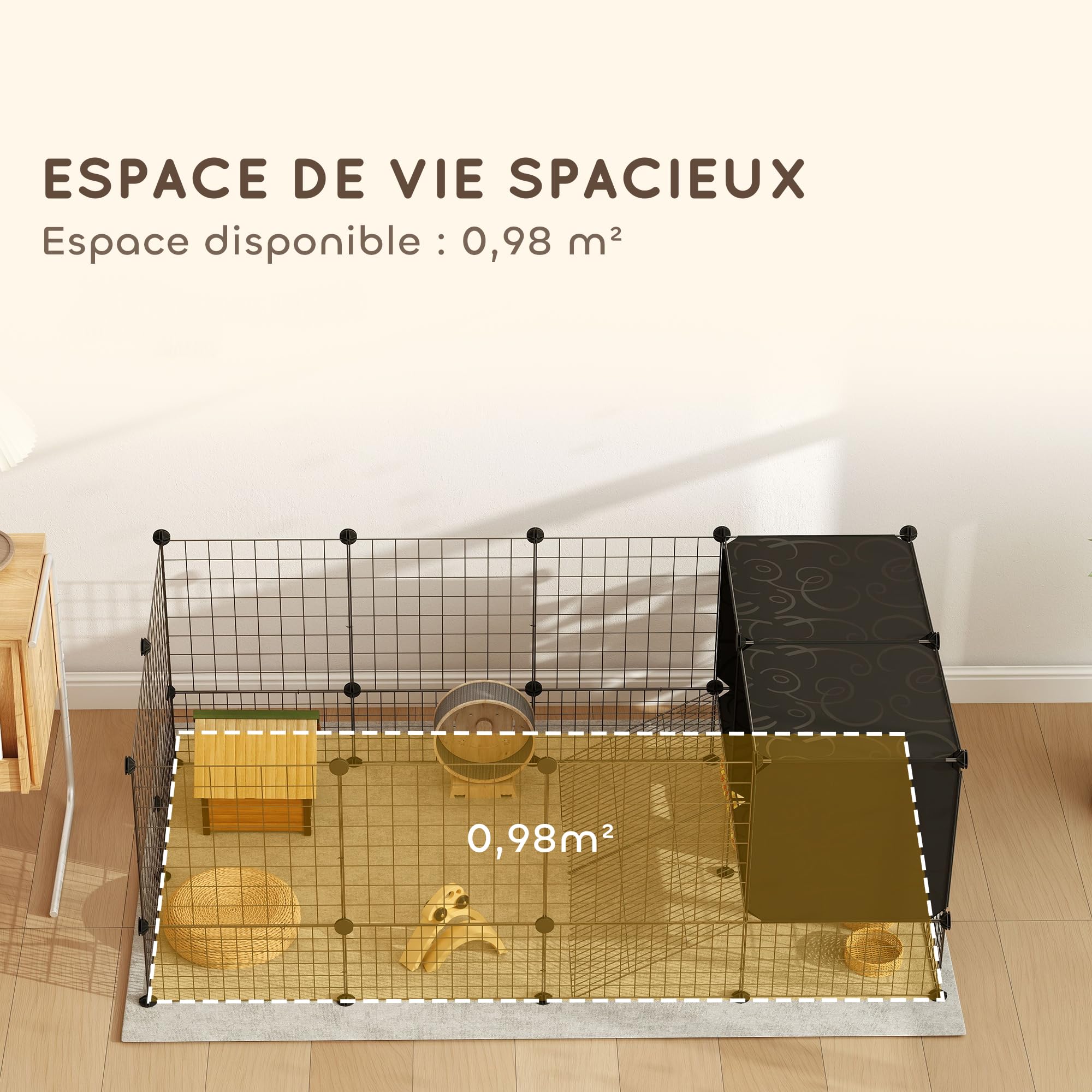 PawHut Enclos pour Petits Animaux, Cage à Lapin modulable, 31 Panneaux avec niches surélevées, Parc clôture pour Animaux domestiques intérieur pour cochons d'Inde, Lapins, hérissons, en Acier, Noir