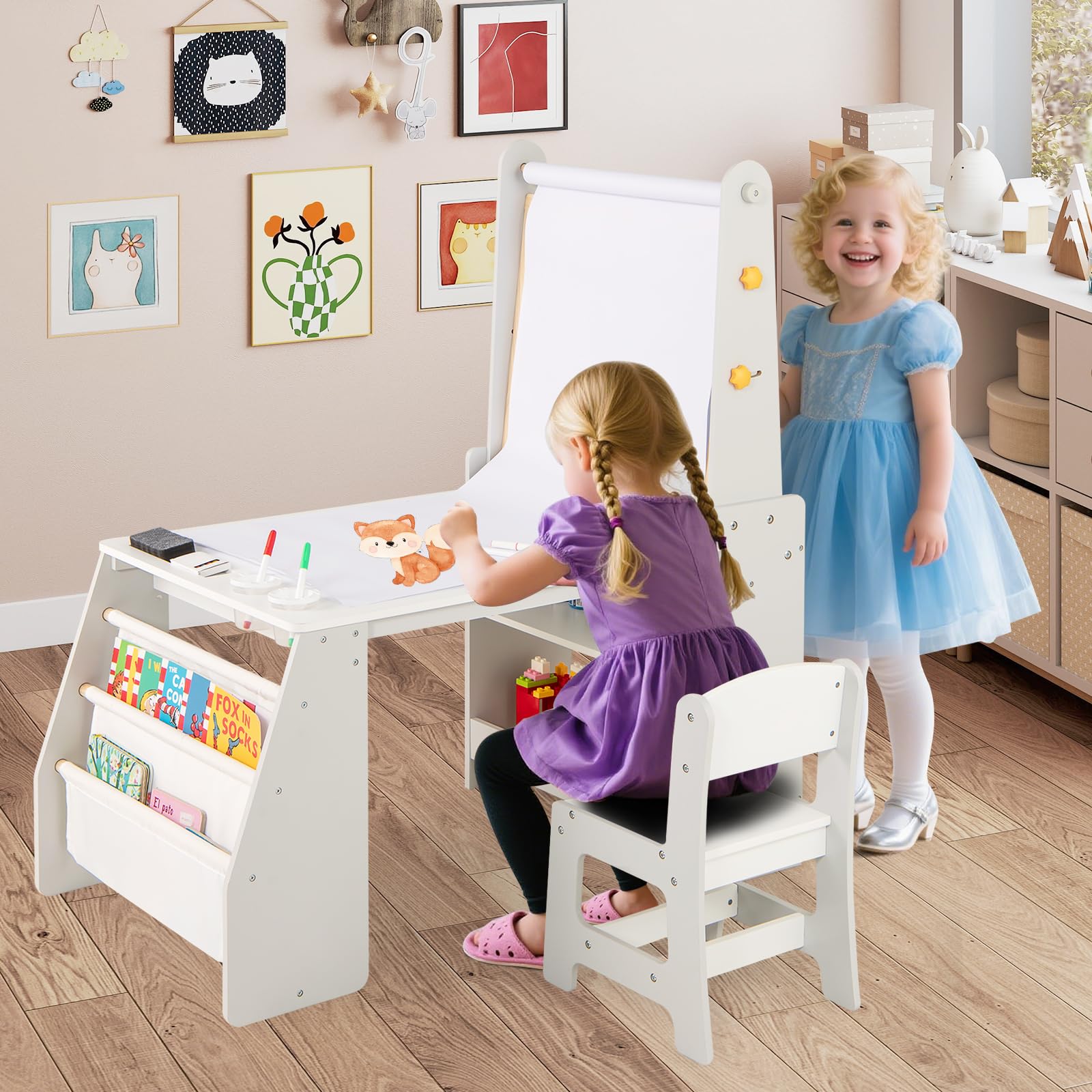 COSTWAY Set 3 in 1 Tavolo e Sedia per Bambini 3+ Anni, Tavolo in Legno Sicuro con Lavagna, Sedia, Lavagna Bianca, Rotolo di Carta, 2 Ripiani Aperti e Libreria a 2 Ripiani, Ideale per Disegno (Grigio)