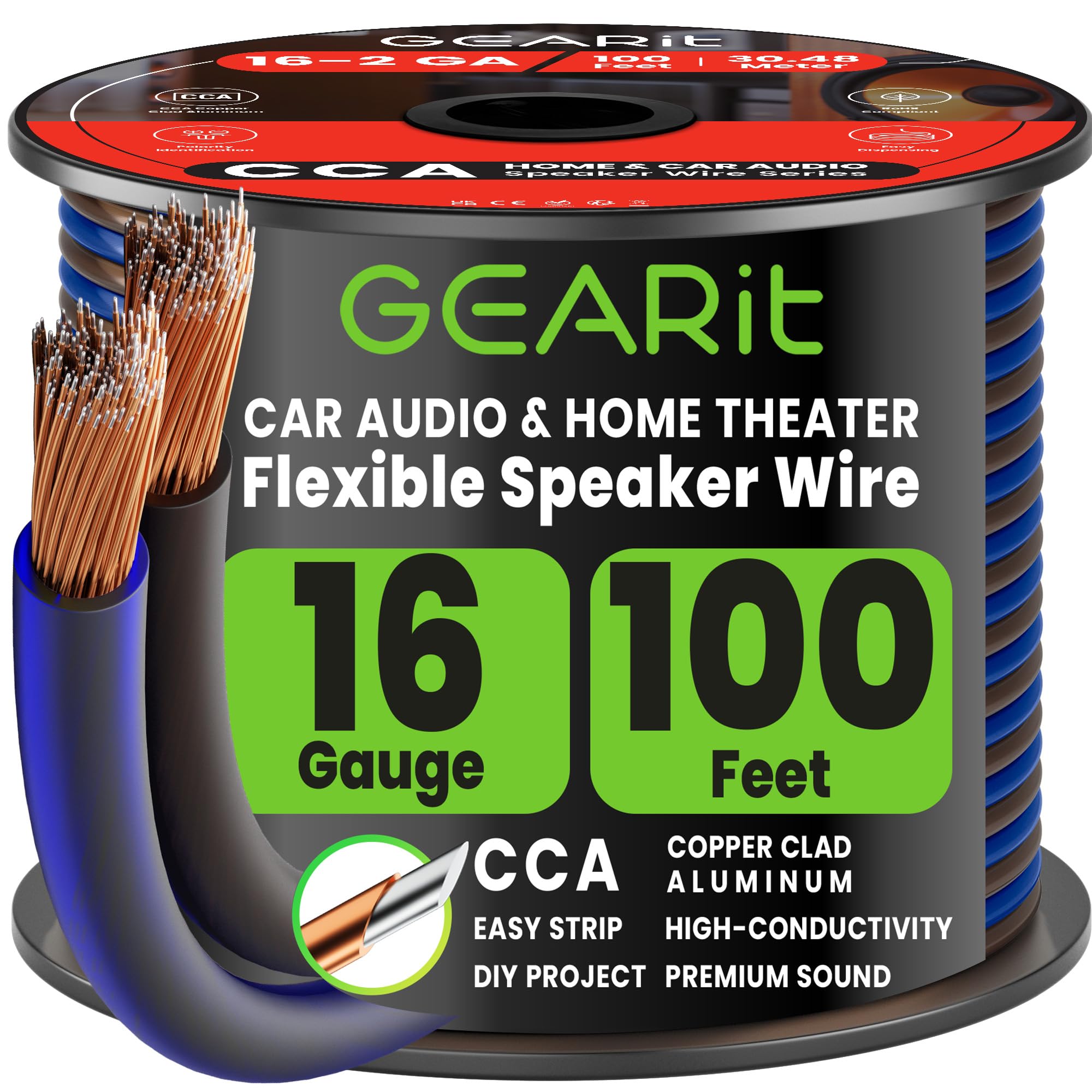 GEARit 16 Gauge Speaker Wire 100FT162 Speaker Cable for Home & Car Audio | Black Speaker Wire 16 Gauge with Foot MarkersPolarity Marked16 AWG Speaker Wires for DIY InstallationsCCABlack Blue product thumbnail 3