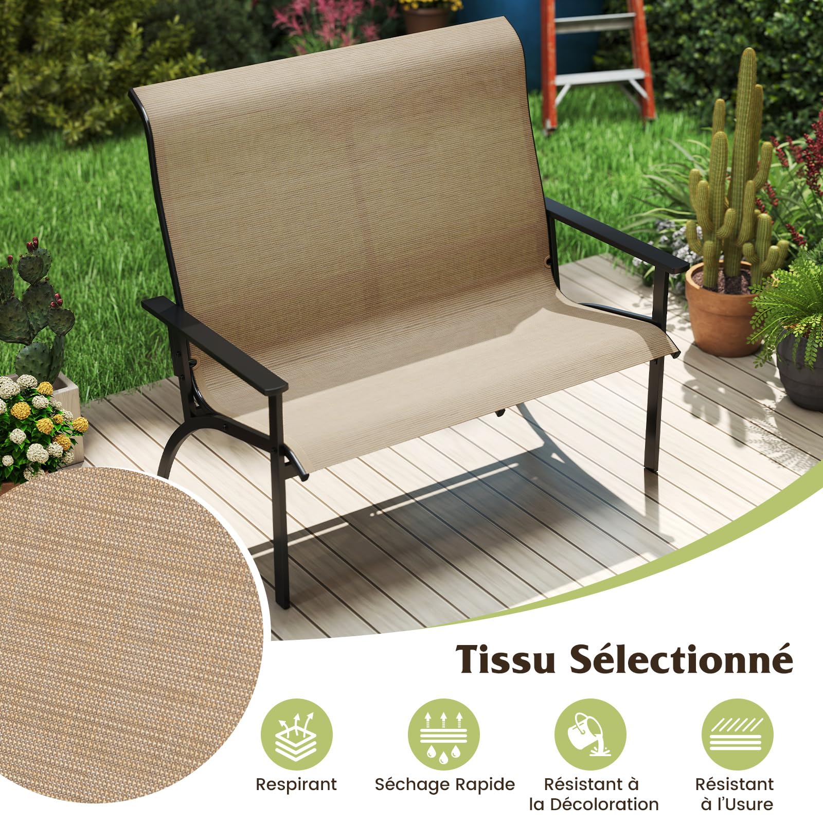 COSTWAY Banc Exterieur Jardin, Banc de Jardin à 2 Personnes, Charge 400 kg, Dossier Haut, Cadre en Métal, Banquette avec Accudoirs pour Terrasse Pelouse Porche, 120 x 81 x 106 cm, Café