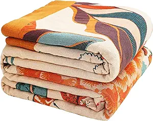 Boho Large Throw Blanket, 100% Organic Cotton Breathable Soft Bed Throw - Floral Bird Farmhouse Decor Blanket for Sofa Couch Chair Quilt and Gift. 91" x 98"- Beige