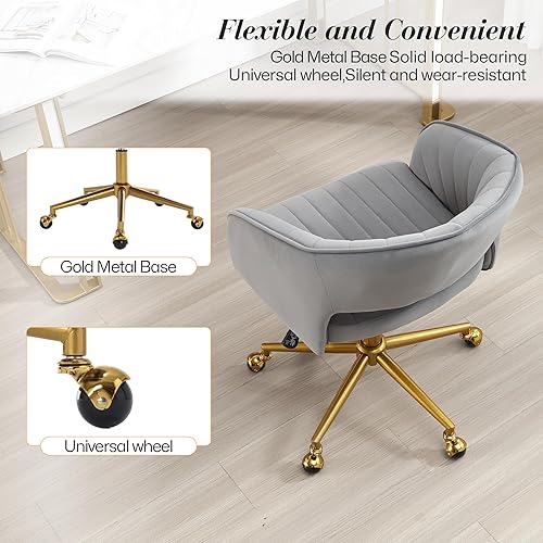 Miniatura 7 de Homedraft Silla de escritorio giratoria para oficina en casa, moderna silla de escritorio de terciopelo, sillón de altura ajustable con base dorada,