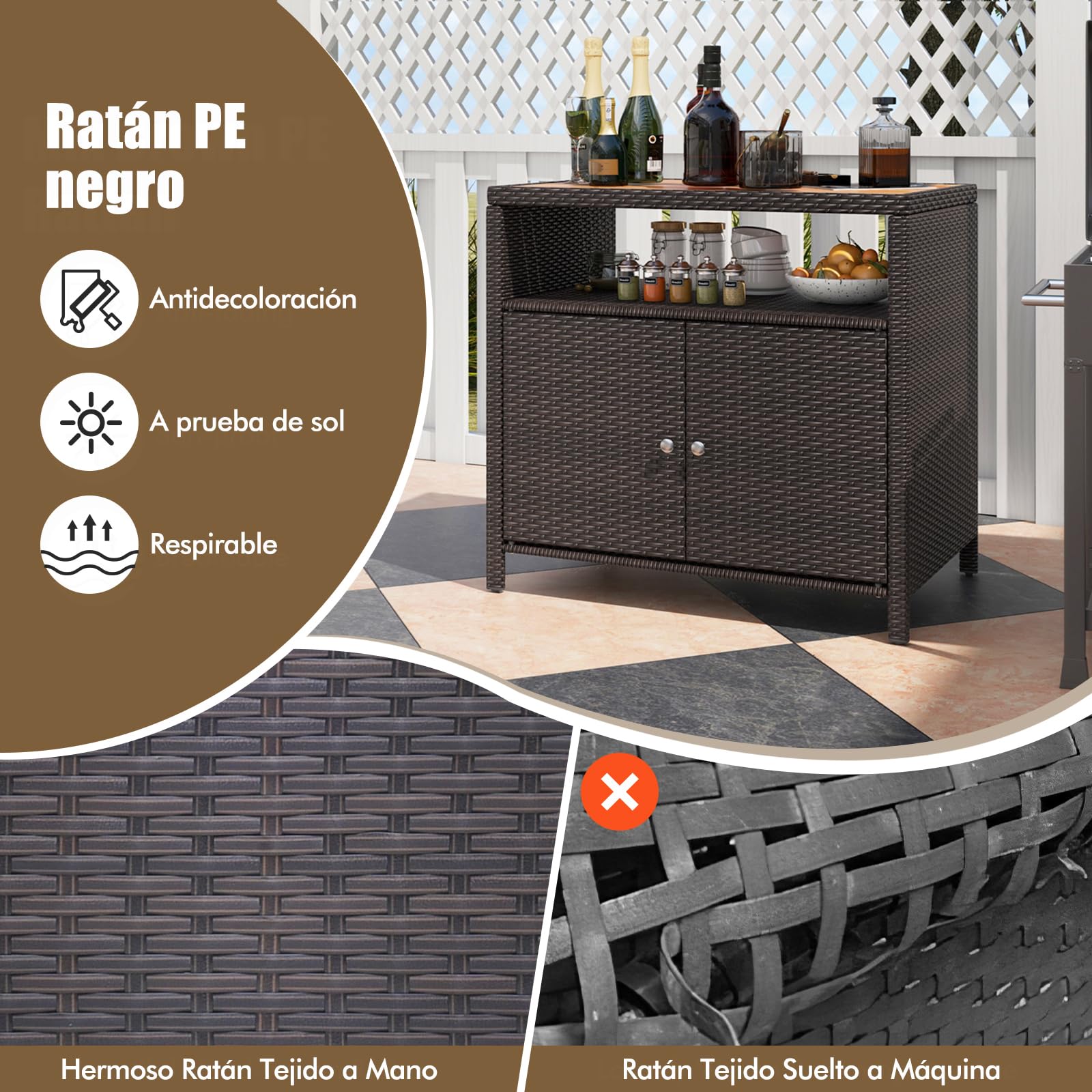 GIANTEX Armario de Jardín de Ratán, Armario Bajo de Almacenamiento con Tablero de Madera de Acacia, Armario Auxiliar para Jardín, Terraza, Balcón, 90 x 53 x 86 cm (Marrón)