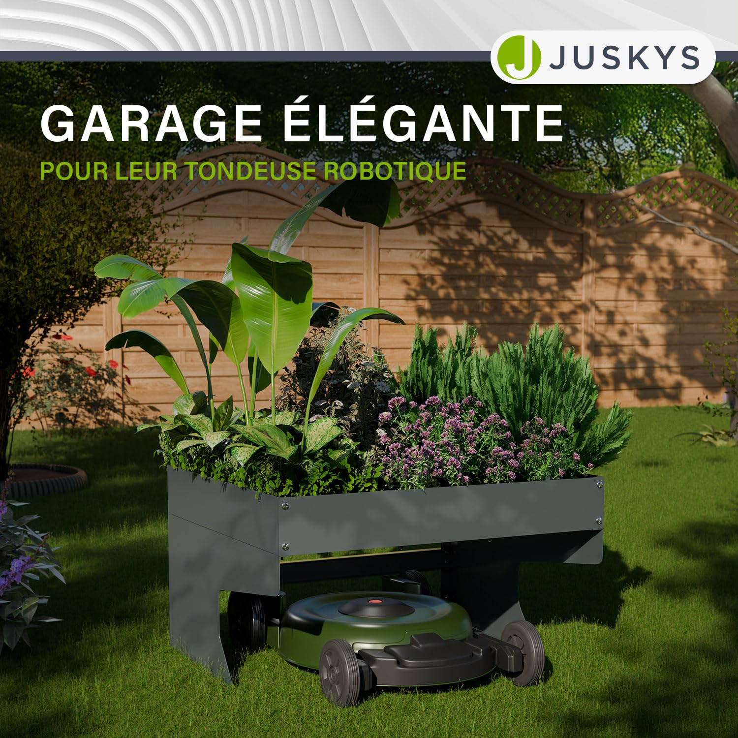 Juskys Garage pour robot de tonte avec bac à plantes, abri en acier galvanisé pour robot de tonte, protection contre le vent et les intempéries, anthracite