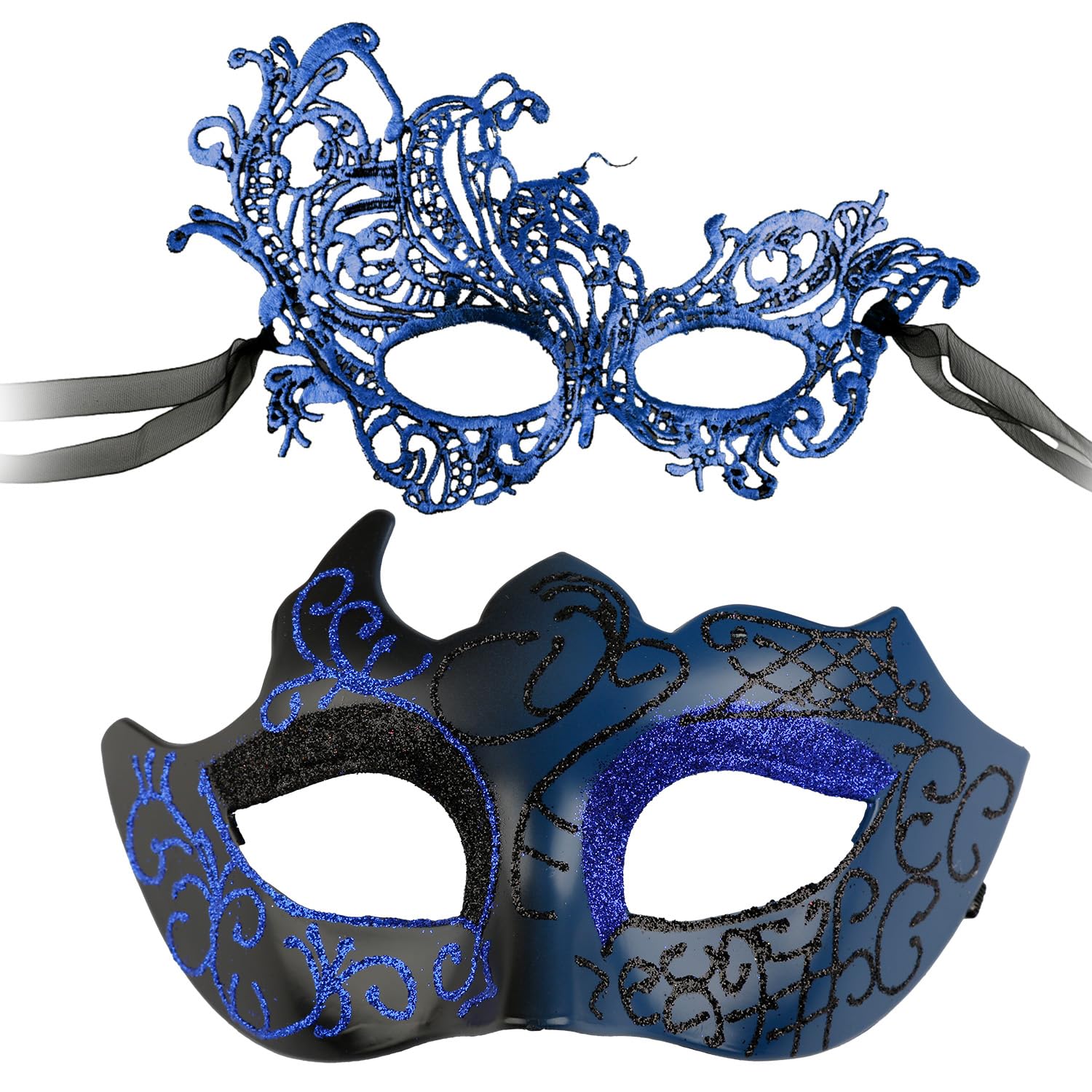Gaomumu 2-Piece Couple Masquerade Masks, Half-Face Venetian Mask, Adjustable and Comfortable Fancy Dress Accessories Suitable for Carnival, Prom, Halloween, and Cosplay Parties(Blue)