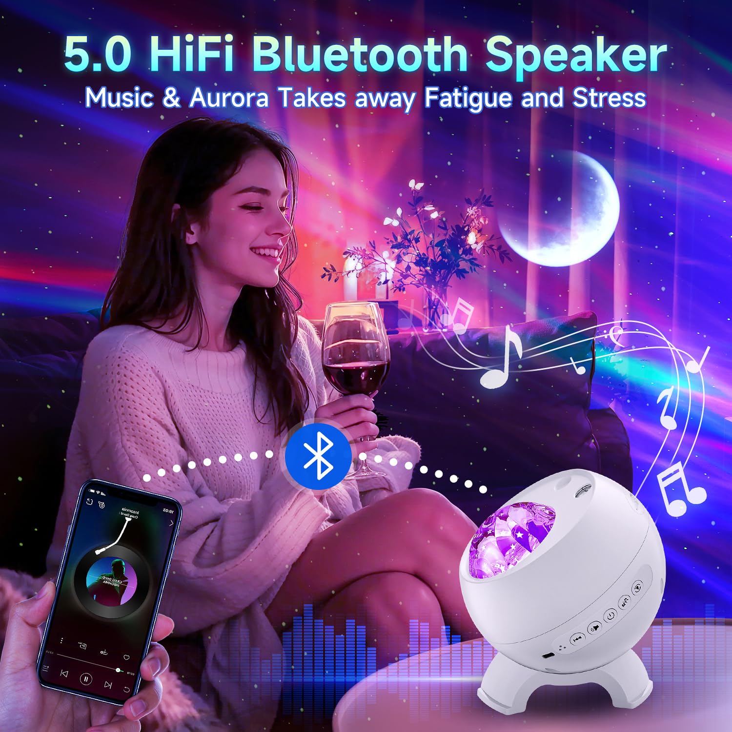 COOLNIGHT Projecteur Ciel Étoilé LED Chambre Enfant 15 Couleurs 5 Lunaires Bluetooth Bruits Blancs Télécommande