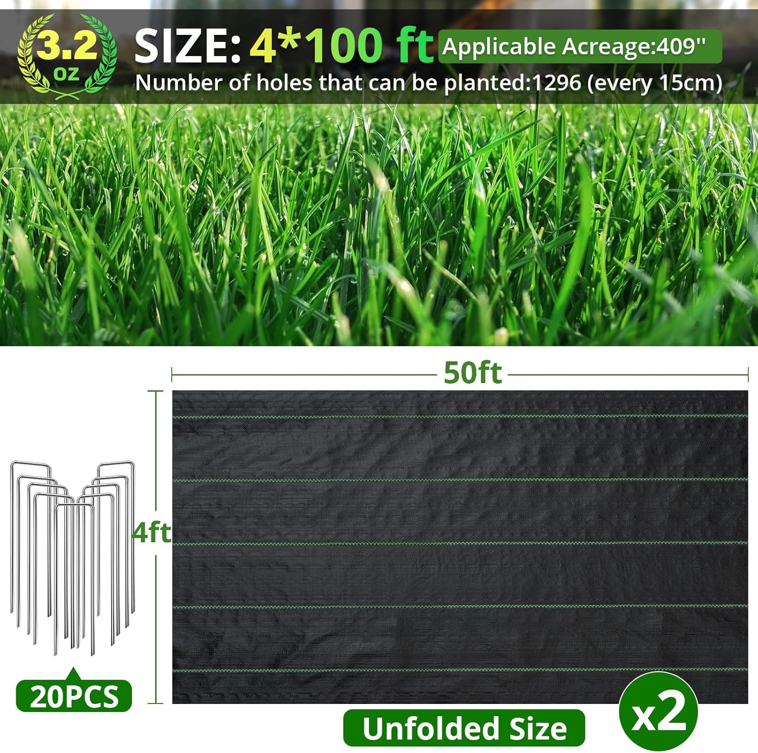 4FT x 100FT Weed Barrier Landscape Fabric, 3.2oz Heavy Duty Woven Geotextile with 20 U-Shaped Pegs & Pre-Printed Cutting Lines, Ground Cover Colth Garden Bed Liner for Landscape, Driveway, Greenhouse