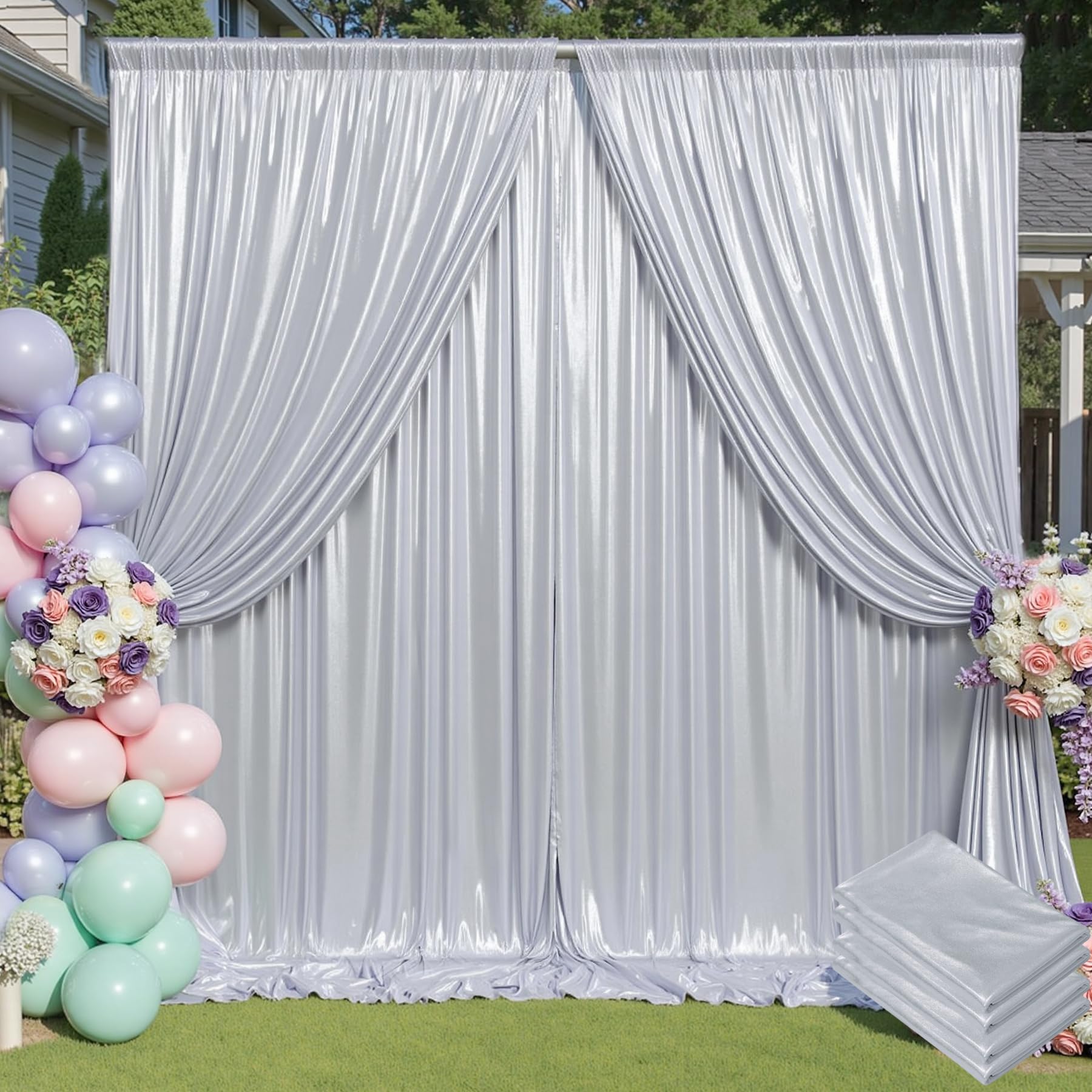 20x10ft Wrinkle Free Silver Sequin Backdrop Curtain for Wedding Parties