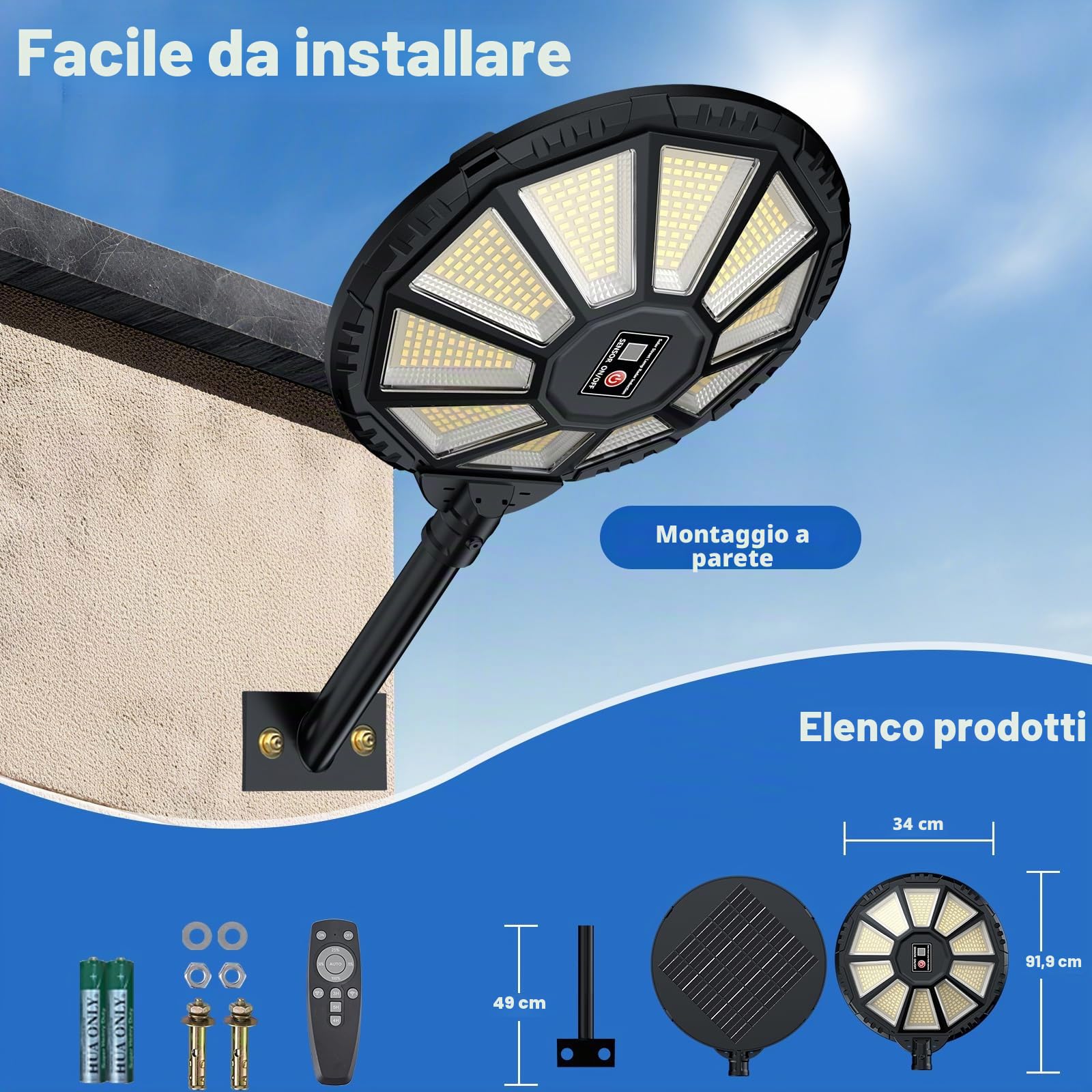 YACAISI Illuminazione esterna solare impermeabile, 8500K, luce solare a LED per esterni con sensore di movimento e telecomando per prato (2PACK)