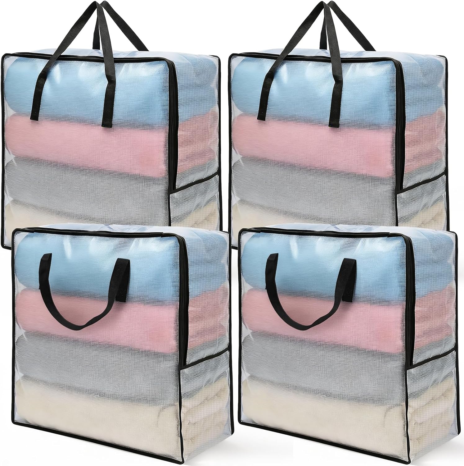Fasmov 4 Pack Oversized Clear Storage Bag with Handles and Zippers, Vinyl Storage Bag for Comforter, Blanket, Bedding, Duvet, Transparent Moving Tote, Under the Bed Storage, Garage Organizer