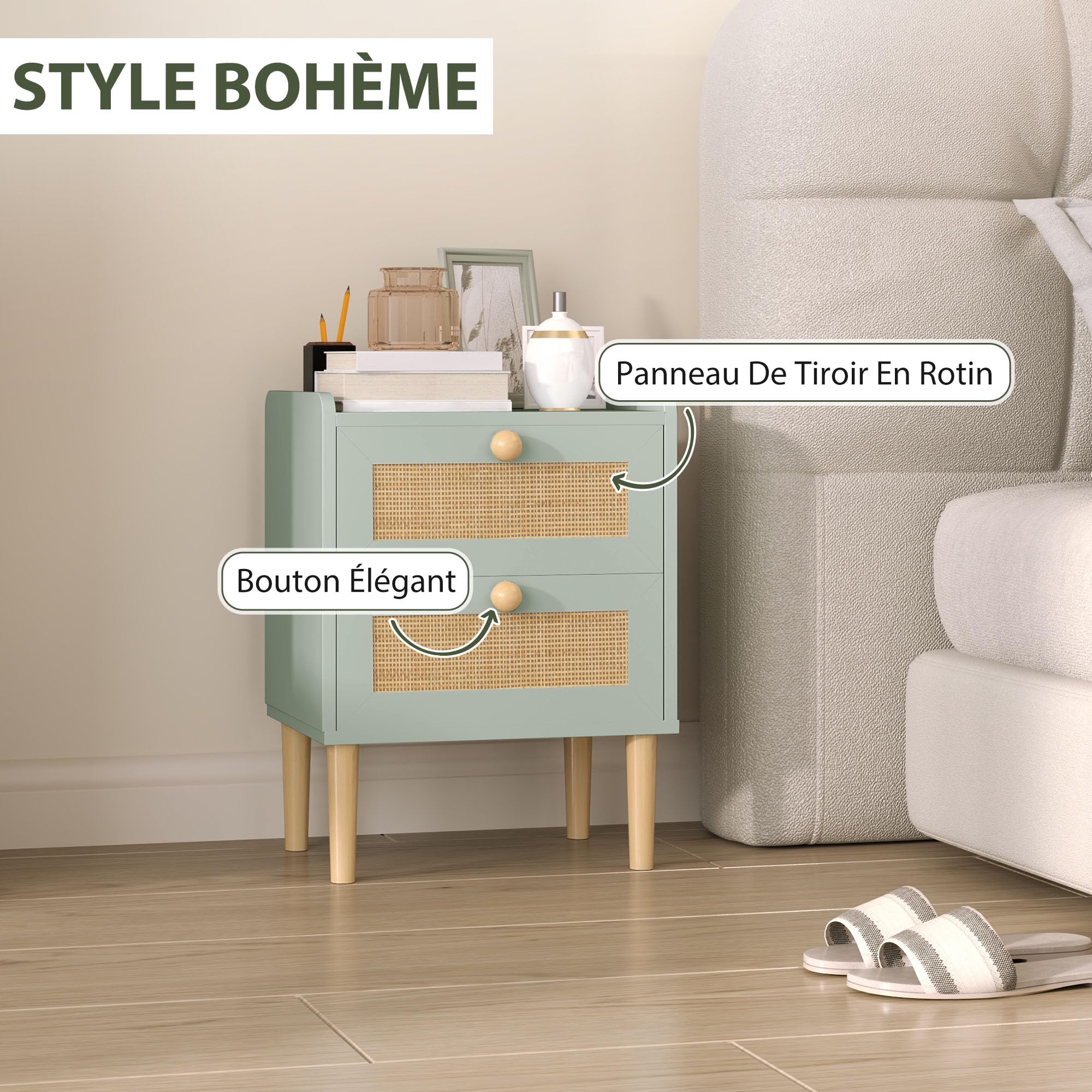 HOMCOM Table de Chevet 2 Tiroirs Cadre Bois 39,8 x 30 x 52,5 cm Vert Olive
