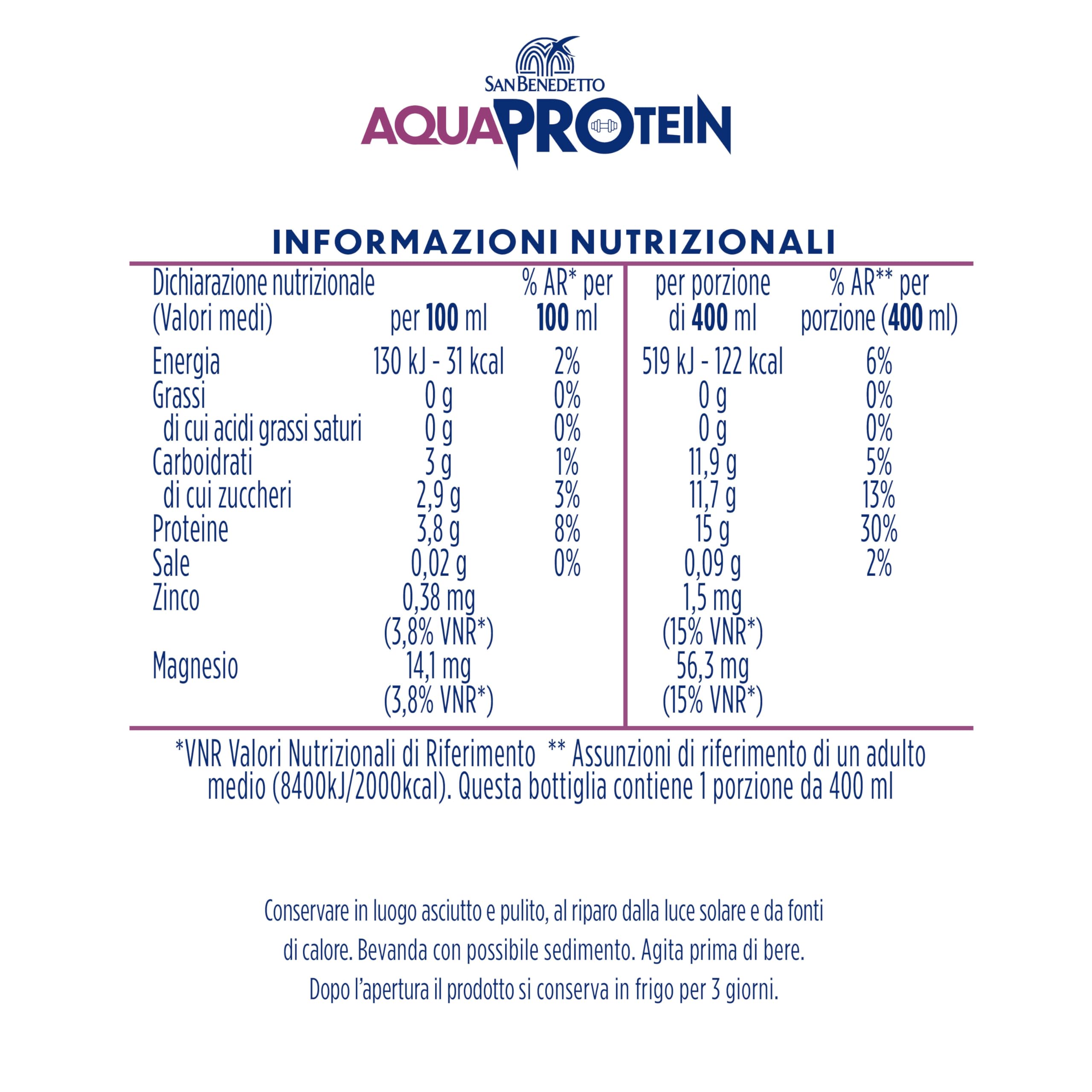 San Benedetto Aquaprotein, Bevanda con alto contenuto di proteine in Acqua Minerale, più Zinco e Magnesio, Proteine Ready to Drink, 12x400ml
