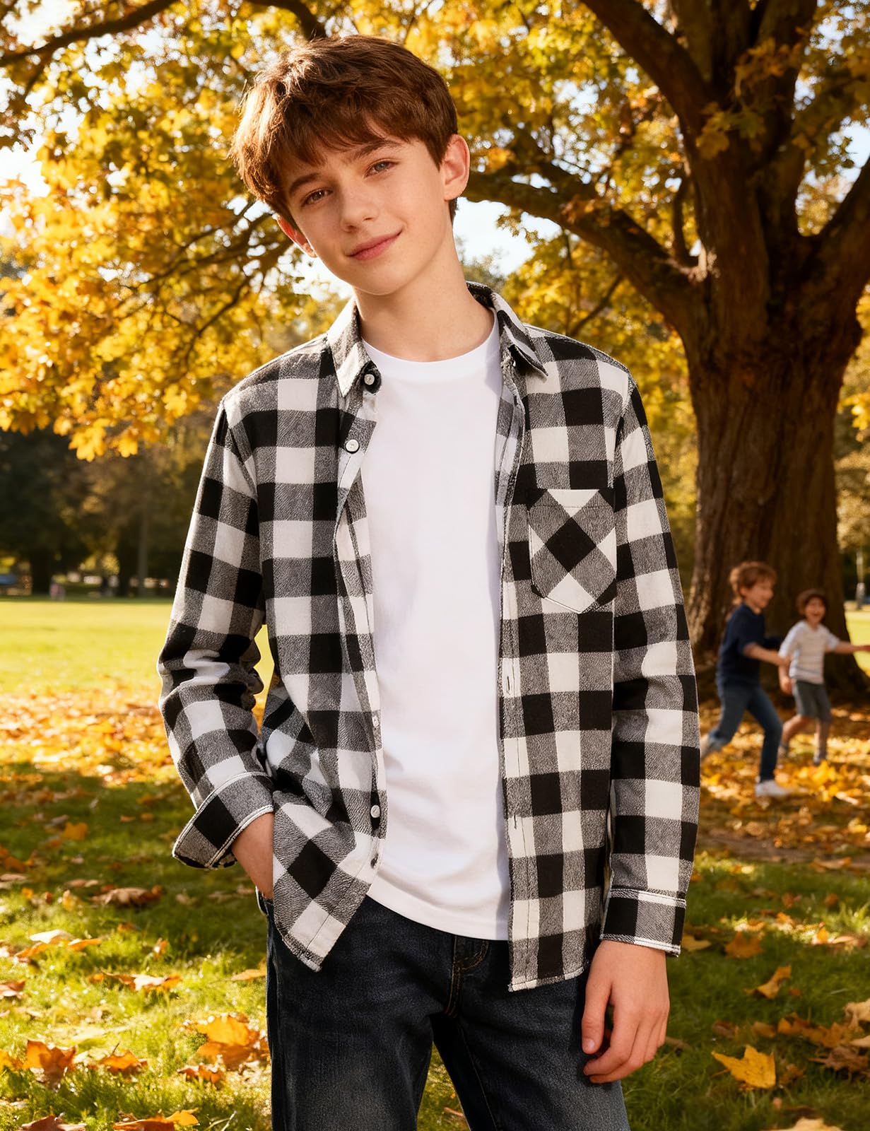 mintgreen Camicia in cotone per bambini a quadri a maniche lunghe, 6-12 anni