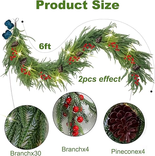 Miniatura 3 de Guirnalda de Navidad de 6 pies con luces, 30 luces cálidas con 2 modos, guirnalda de Navidad preiluminada con conos de pino, guirnalda para manto,