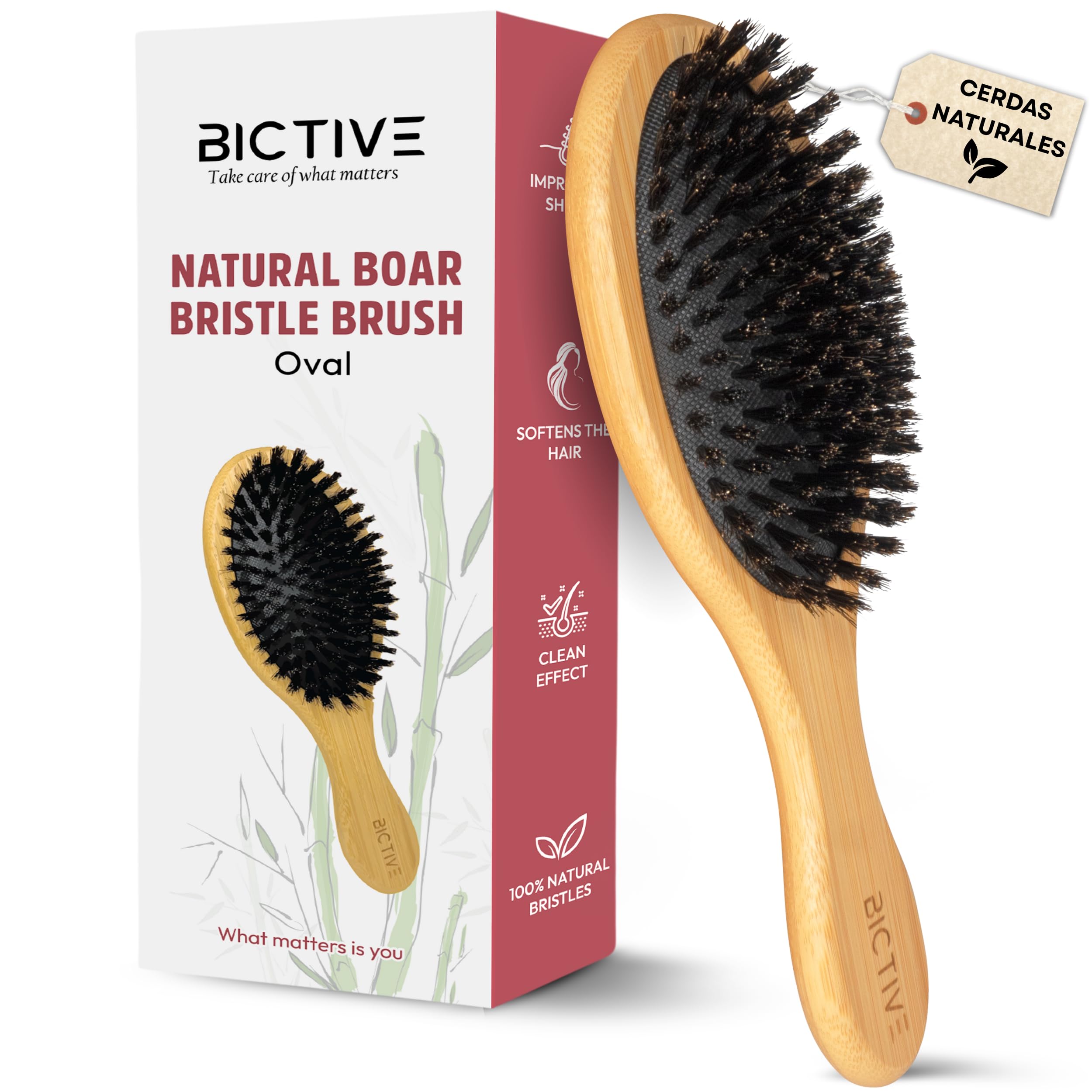 Cepillo de Cerdas de Jabali Largas Naturales para Cabello Normal y Fino. Cepillo Pelo Antirotura, Alisador, Clean Look, Cepillo Cerdas Naturales para Mujer, Hombre y Niños. Peine Jabalí