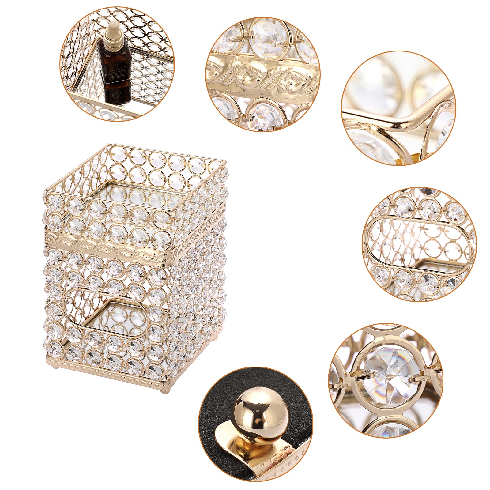 Sumnacon Crystal Square Tissue Box Cover- Decorative Cube Tissue Box Holder with Tray, Stylish Facial Tissue Holder for Bathroom Vanity Dresser Night Stand Table Home Office Bar,Gold