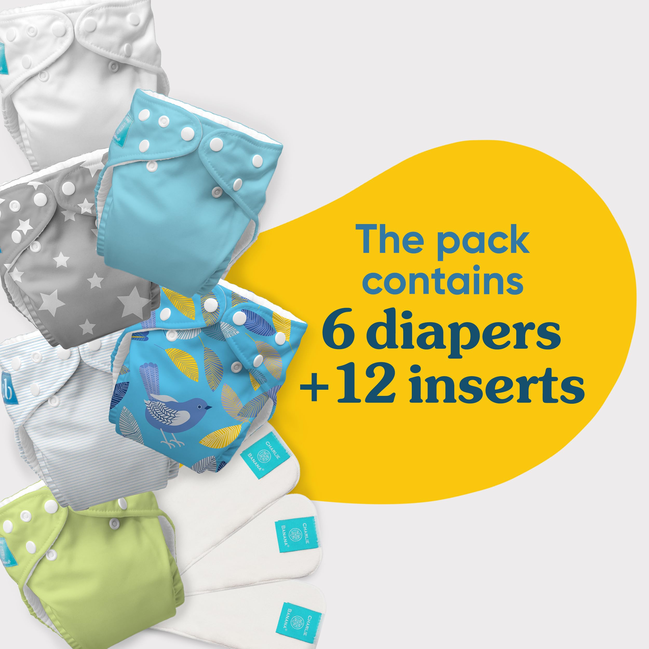 Charlie Banana 6 Diapers 12 Inserts Twitter Star, One Size Hybrid AIO