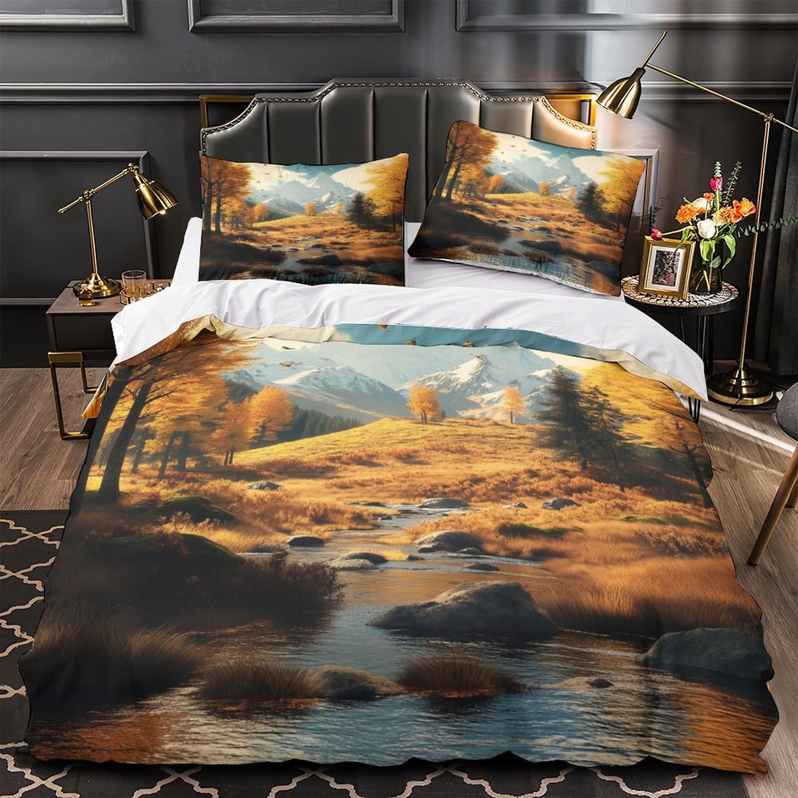 Montagnes d'automne 3D housse de couette paysage naturel avec 2 taies