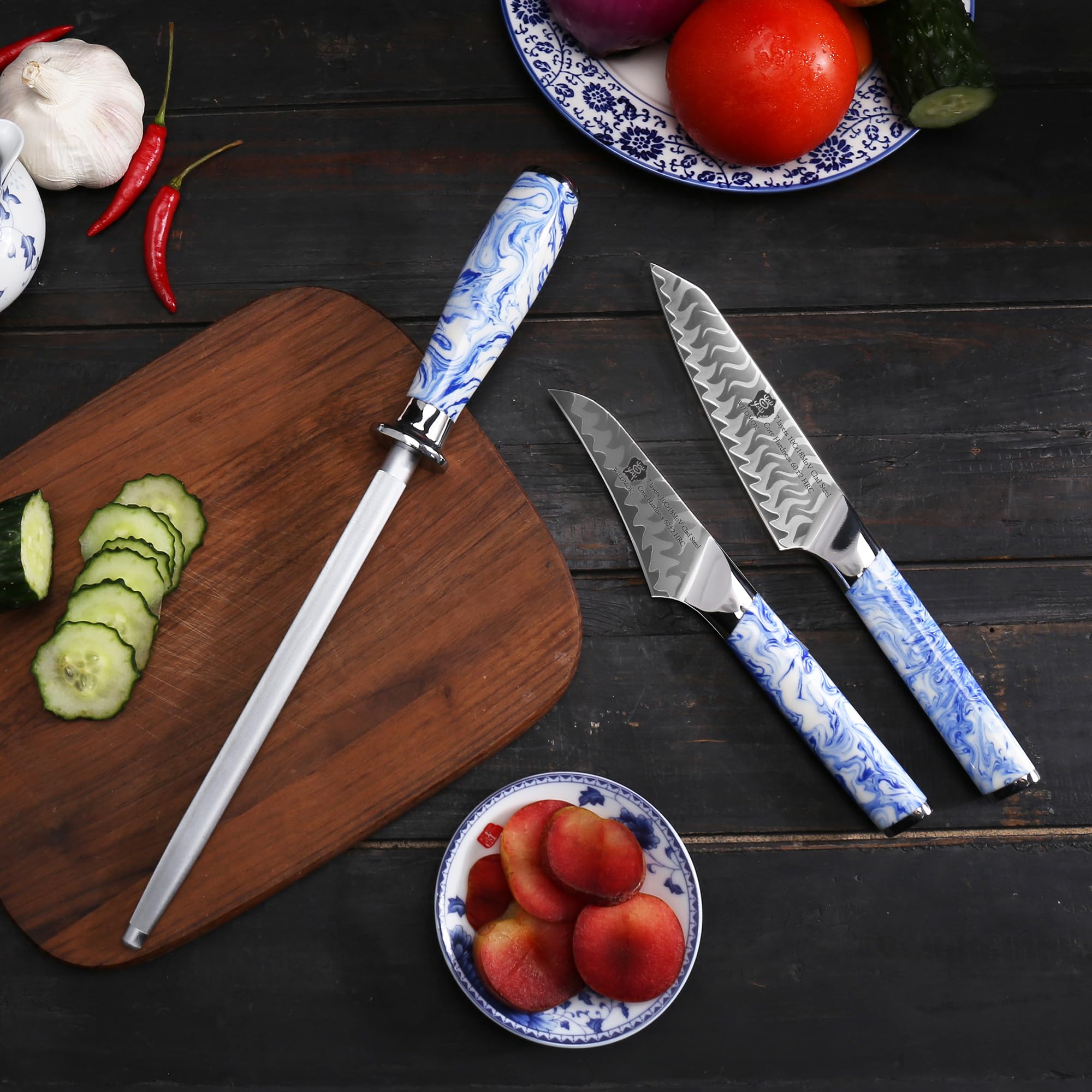 WILDMOK Set Coltelli con Ceppo, Set Coltelli da Cucina con Manico in Resina da 7 Pezzi, Compresi Set di Coltelli da Chef, Pane, Santoku, Multiuso e da Frutta con Affilatore