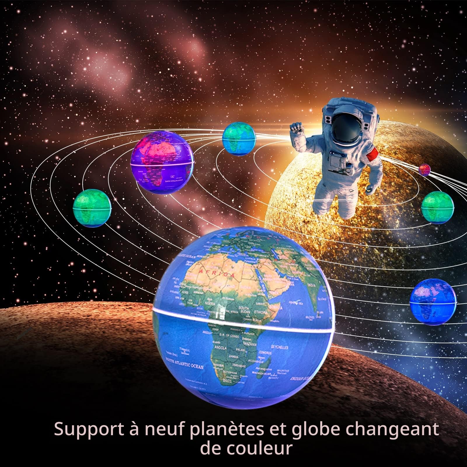 Globe Terrestre Magnétique en Lévitation Rotatif 3 Pouces avec Lampe Colorée, Cadeau Déco de Bureau Original pour Hommes, Patron ou Jouet Éducatif pour Enfants, Système Solaire 9 Planètes Astronomie