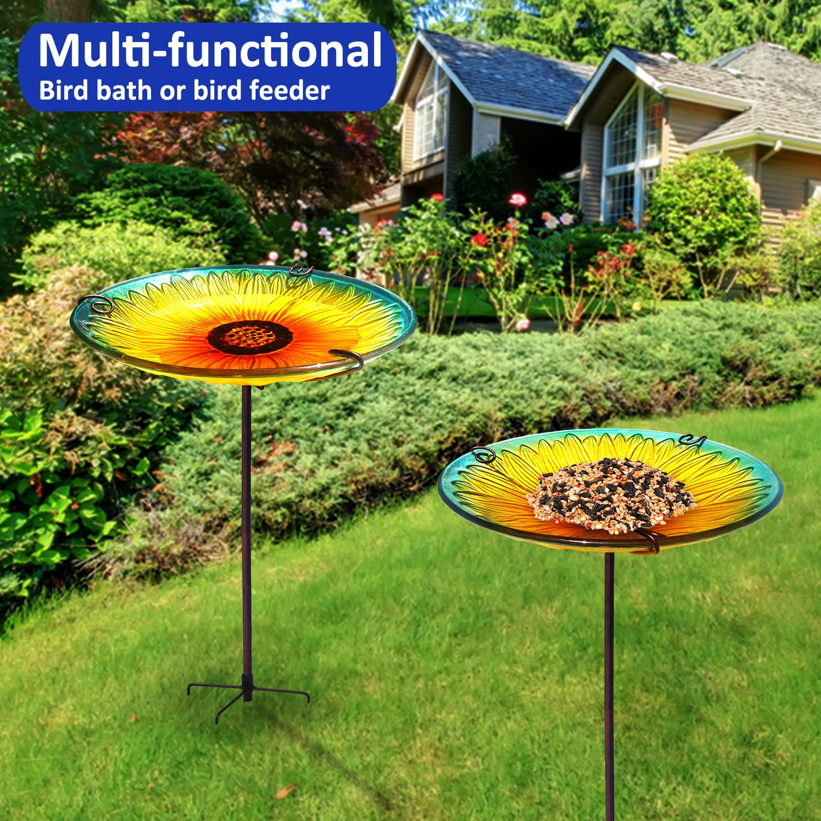 meetjoyancy Vogeltränke, Glas-Vogeltränke, Schale abnehmbar, Vogelfutterspender Schüssel mit Metallpfahl, stehende Vogeltränke für den Außenbereich, Garten, Sonnenblumengelb