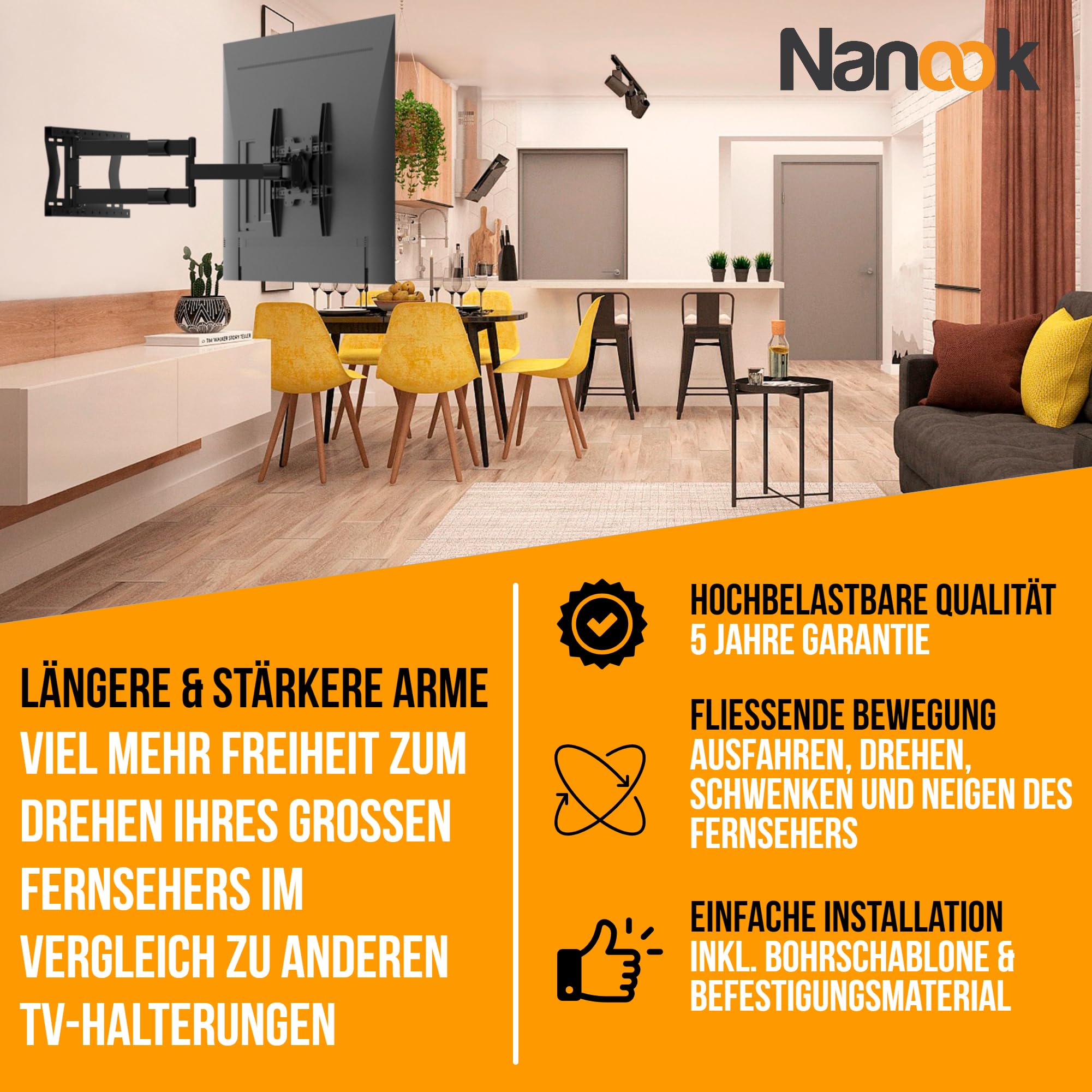 Nanook Long 2080 Langarm TV-Wandhalterung 32-75 Zoll, 80 cm Auszug, 60 kg | Extrem Robuste Konstruktion, Extra-Lange Arme Für Maximalen Schwenkbereich (180°) Und Große Reichweite, Max. VESA 400x400
