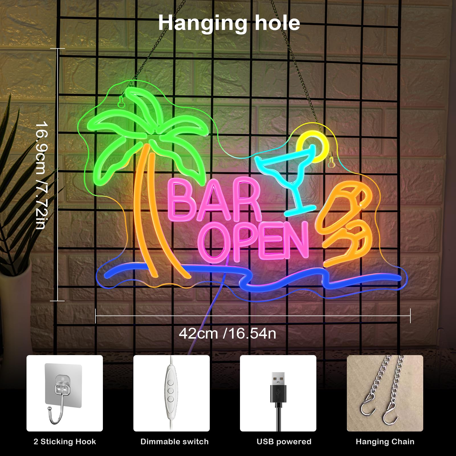 ineonlife Bar Open Neon Led, Palma Abierta Luces Neon,Bar de Cócteles Abierto Letrero Led,Letrero Luminoso para Hawai Bars,Bars de Cócteles,Pub,Club,Taberna de playa