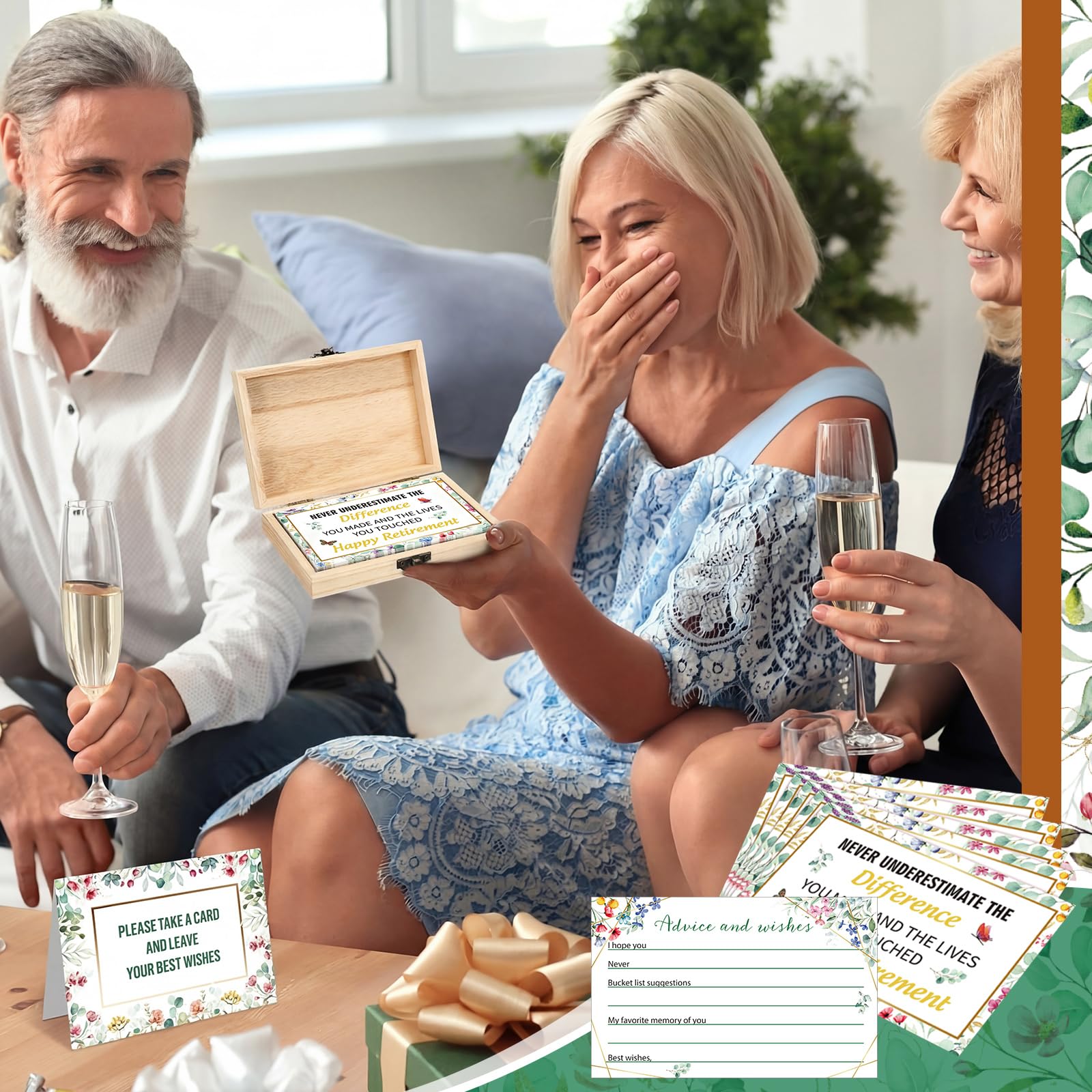Novabright 62 tarjetas de caja de jubilación con texto en inglés "Greenery Happy Retirement Box", tarjetas de madera con letrero de mesa, consejo de deseos, felicitaciones, tarjeta de libro de