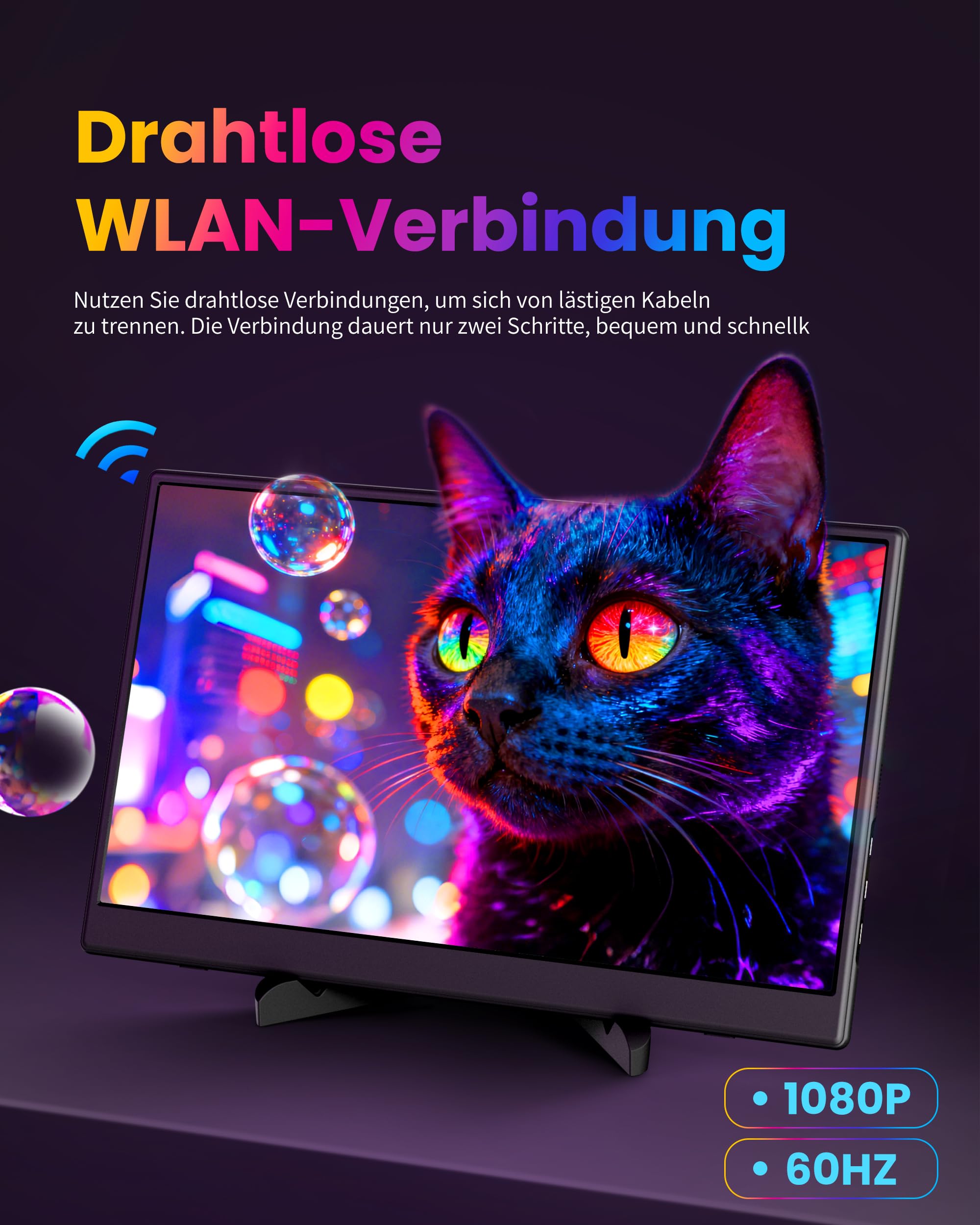 Monitor Wireless 15.6" FHD 1080P IPS con Treppiede Plug and Play | Monitor portatile portatile con Miracast, USB-C e HDMI, espansione dello schermo wireless per laptop, PC, Mac, smartphone