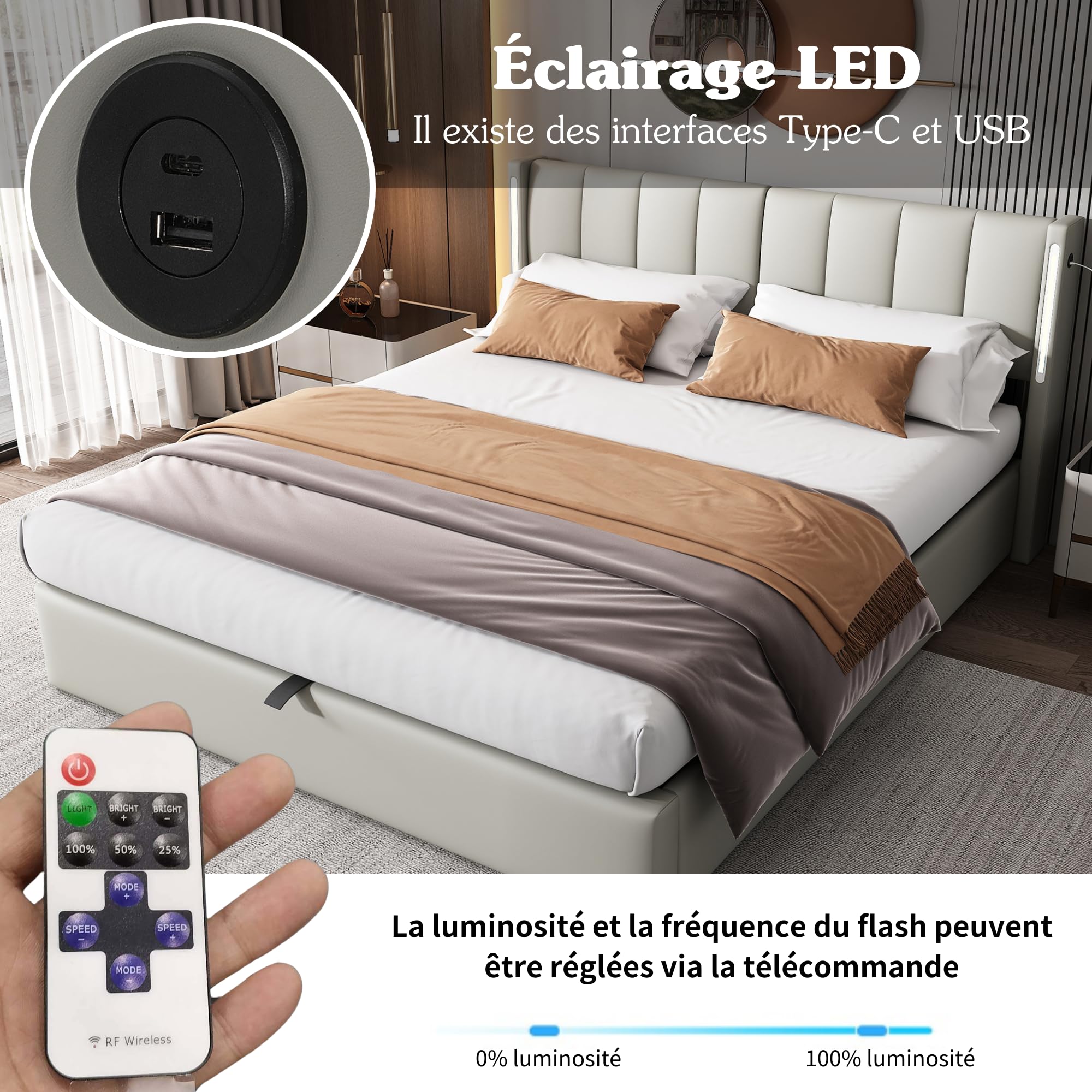 Cama Tapizada de 160x200 cm con Cabecero LED Inclinable y USB, Estructura de Cama Doble con Soporte de Láminas de Madera y Almacenamiento Hidráulica, Somier Metálico, PU, Gris, Sin Colchon