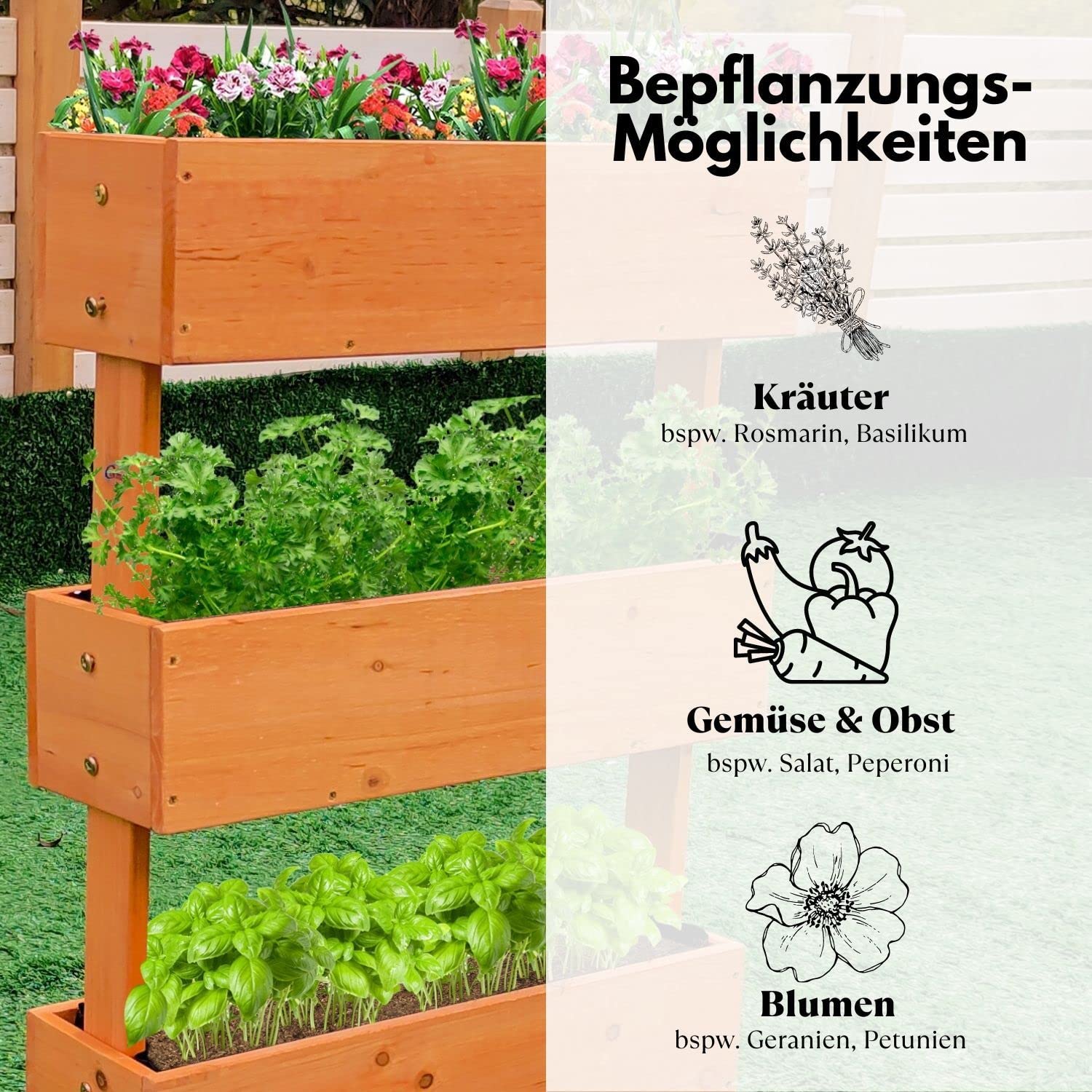 Coemo Vertikalbeet Hochbeet 3 Etagen aus Nadelholz, 50x30x75 cm, Braun