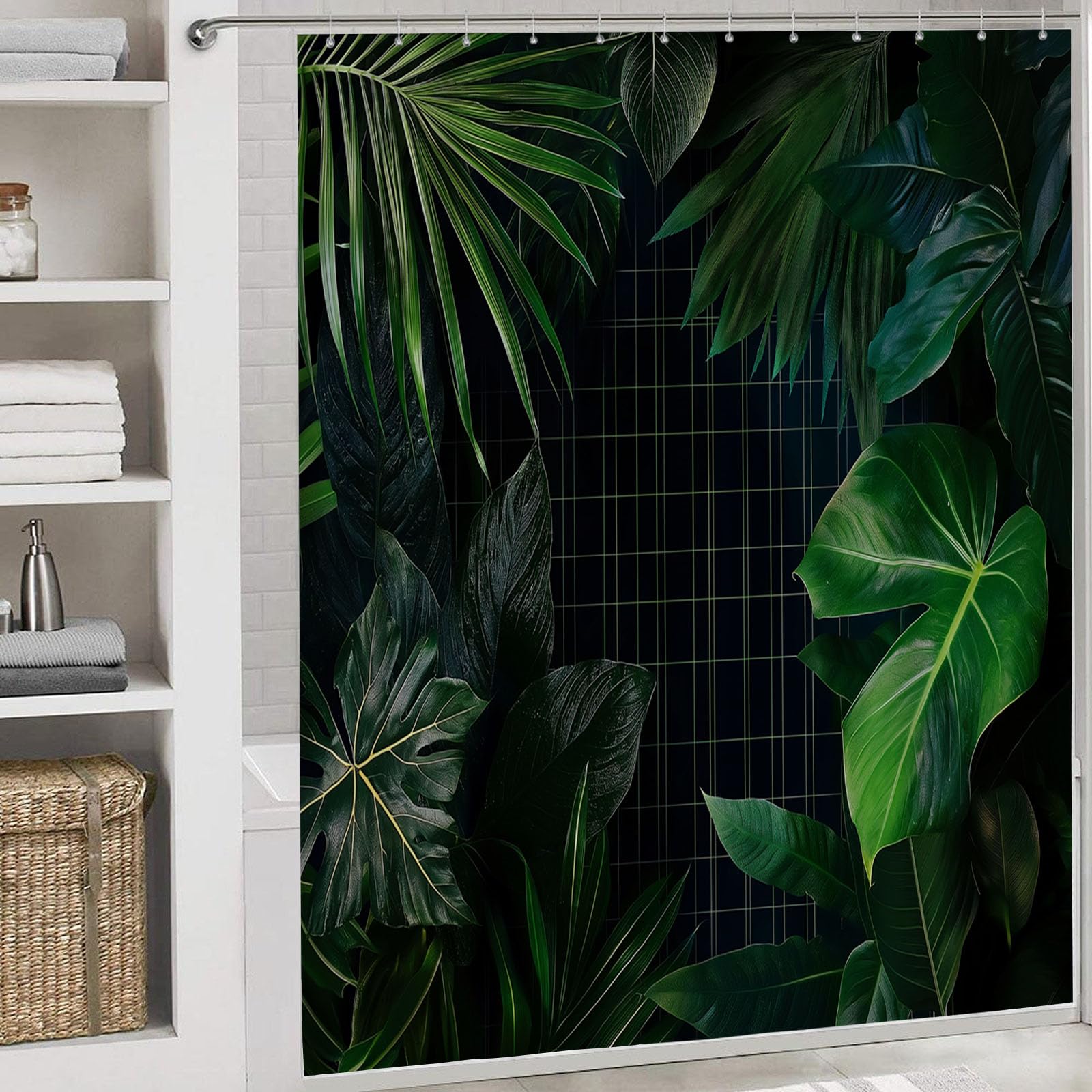 Cortina de Ducha con impresión Digital de Tropical Plantas Cortina de Baño con Cuadrícula Hojas,240x200cm Impermeable Cortinas de Ducha con 12 Ganchos Tela de poliéster para baño