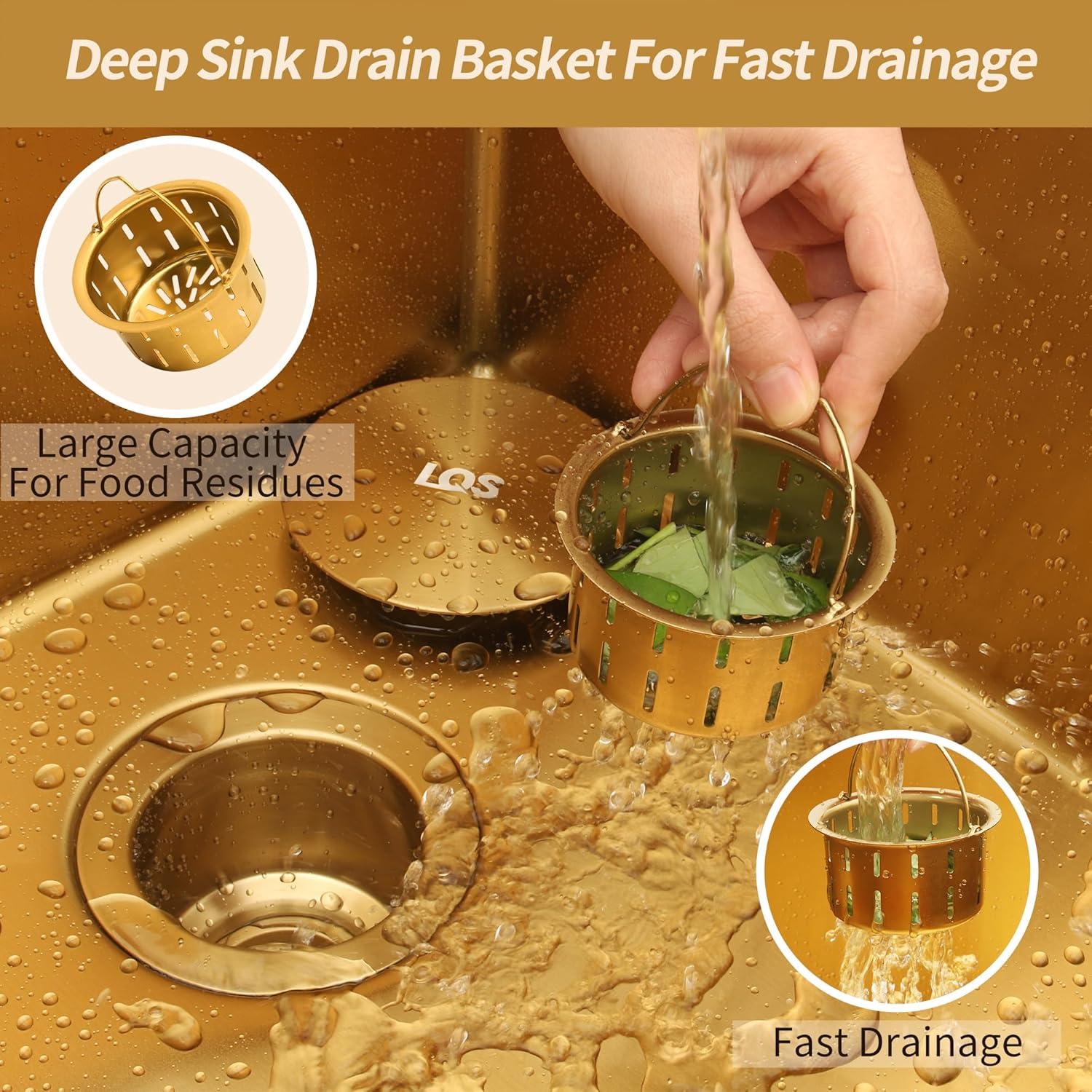 LQS Gold Kitchen Sink Drain Strainer Assembly, Sink Drain Stainless Steel with Removable Deep Waste Basket and Sink Stopper Flat Cover, 3-1/2-inch Golden