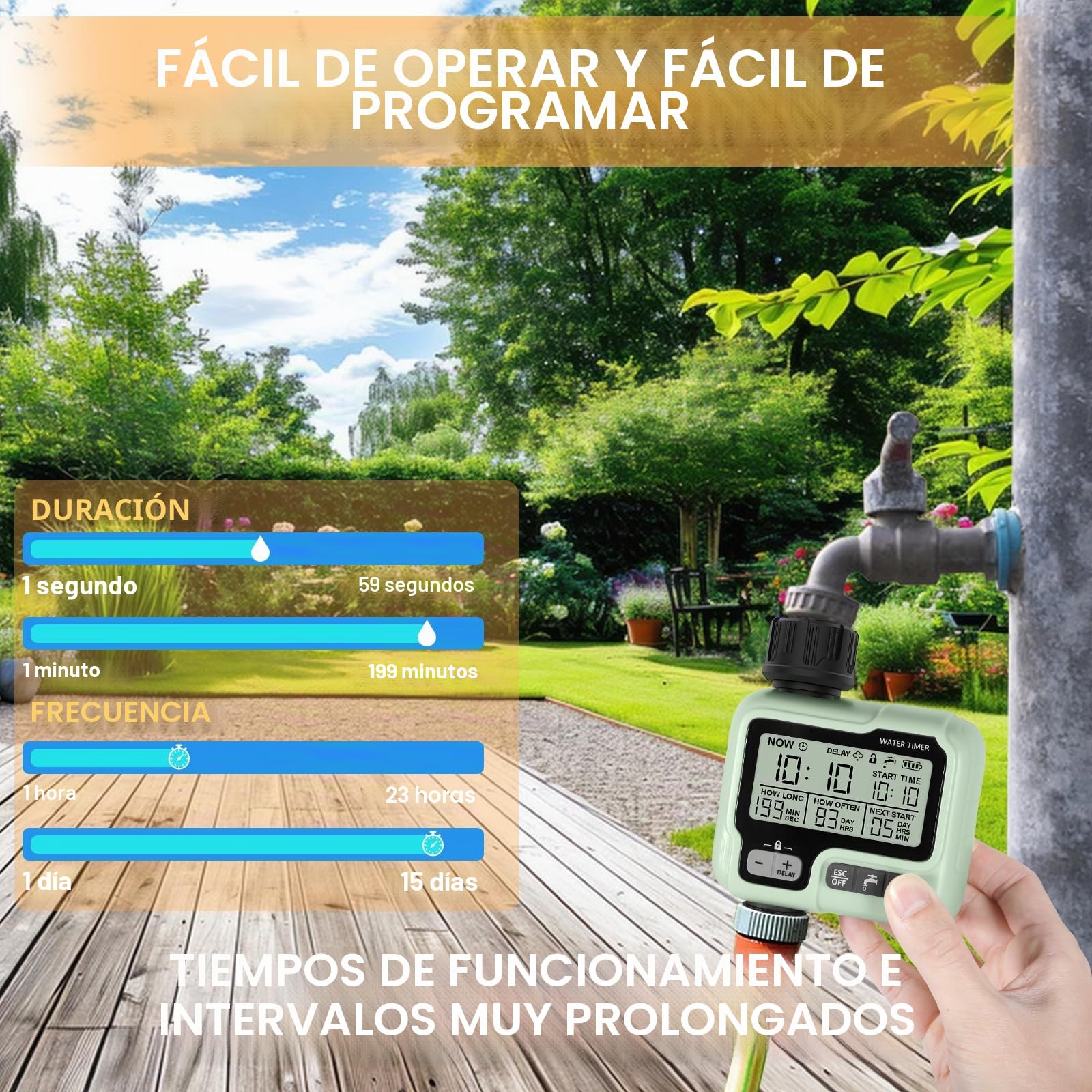 AQXONG Temporizador de riego automático/manual, temporizador de riego de jardín, conectar el temporizador del grifo con modo de bloqueo infantil/retardo de lluvia/sellado IPX5/pantalla LCD