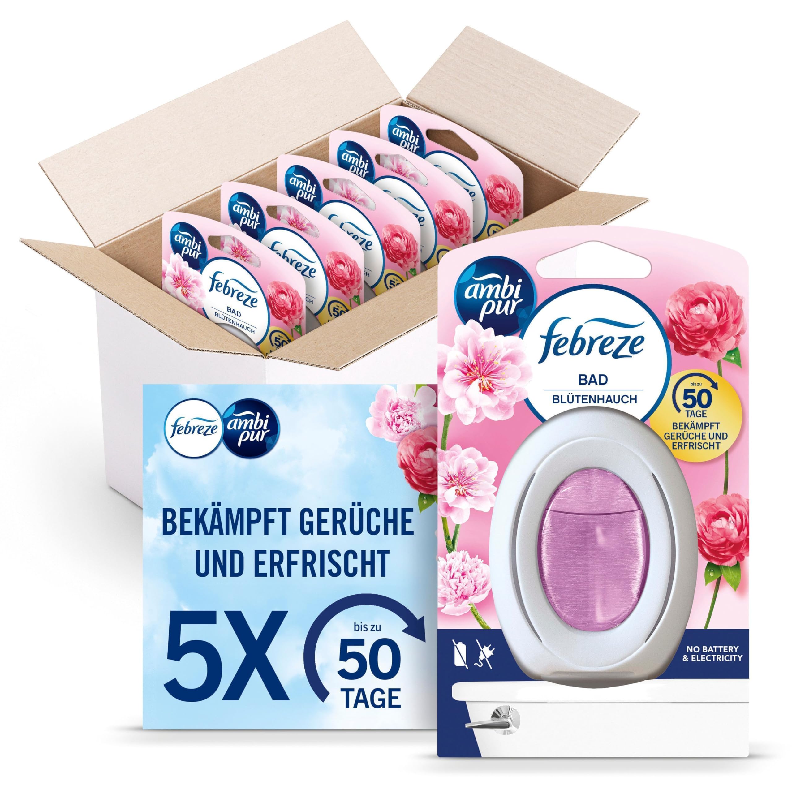 Febreze Bad Lufterfrischer, Blütenhauch, 5 Stück, Kontinuierliche Geruchsbekämpfung und -verhinderung für Badezimmer