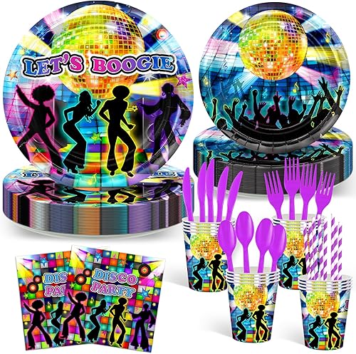 Miniatura 1 de Avezano 192 platos y servilletas de fiesta de discoteca decoraciones de fiesta de los años 70, kit de vajilla de fiesta temática Let's Boogie para
