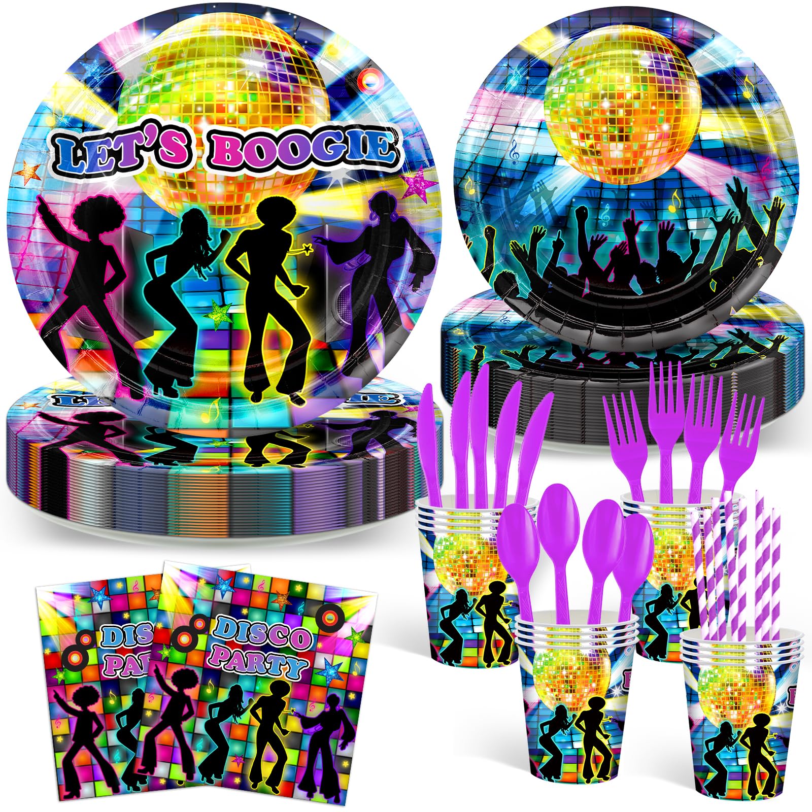 Avezano 192 Pcs Disco Party Plates and Napkins Supplies 70's Party Decorations Let's Boogie Theme Party Tableware Kit for Birthday Baby Shower Favors,