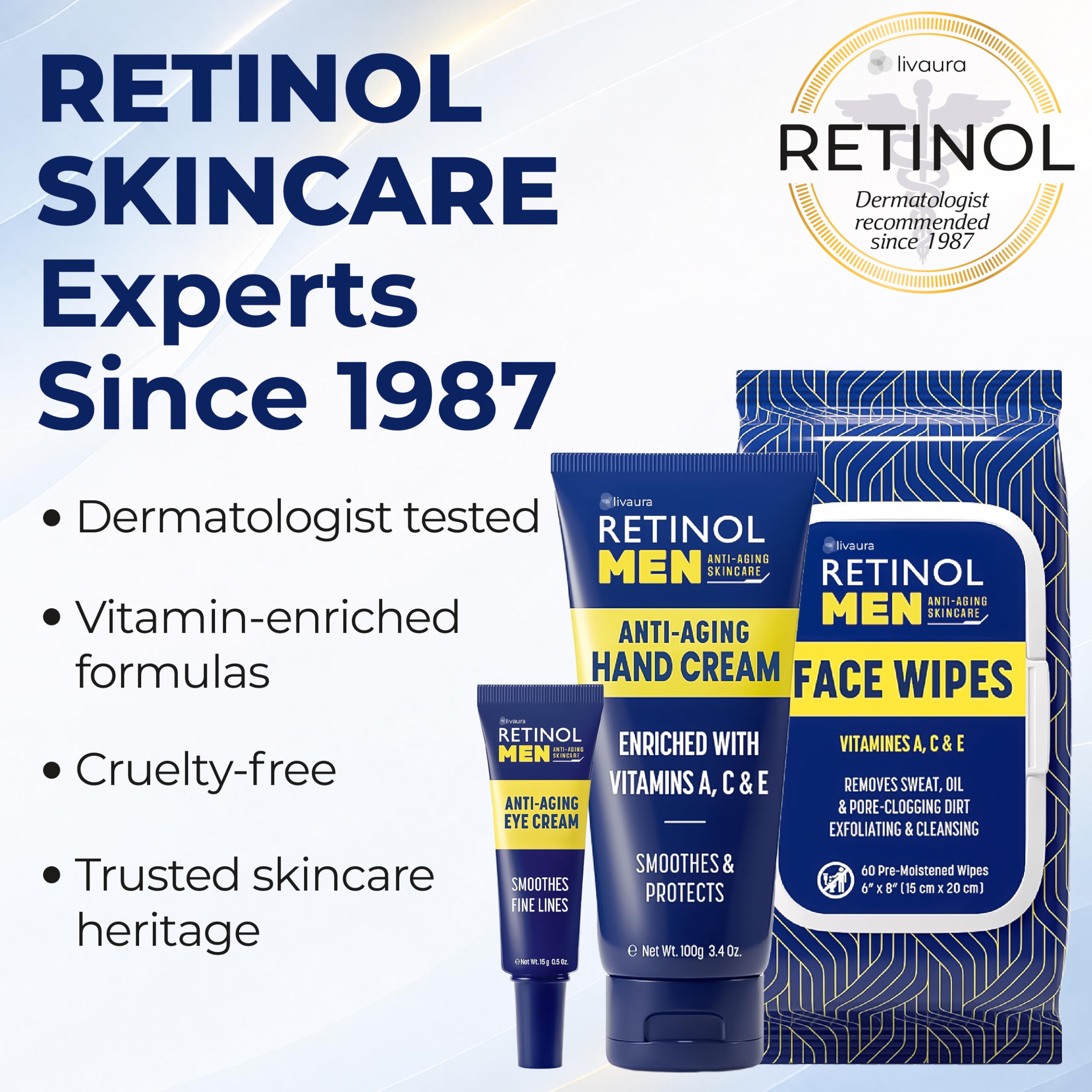 LIVAURA Retinol Men Facial Wipes Anti-Aging Cleansing Towelettes - Szybko Oczyszczają Twarz Z Potu, Oleju I Brudu Zatykającego Pory Bez Żadnych Ciężkich Pozostałości (60 Sztuk (1 Opakowanie))